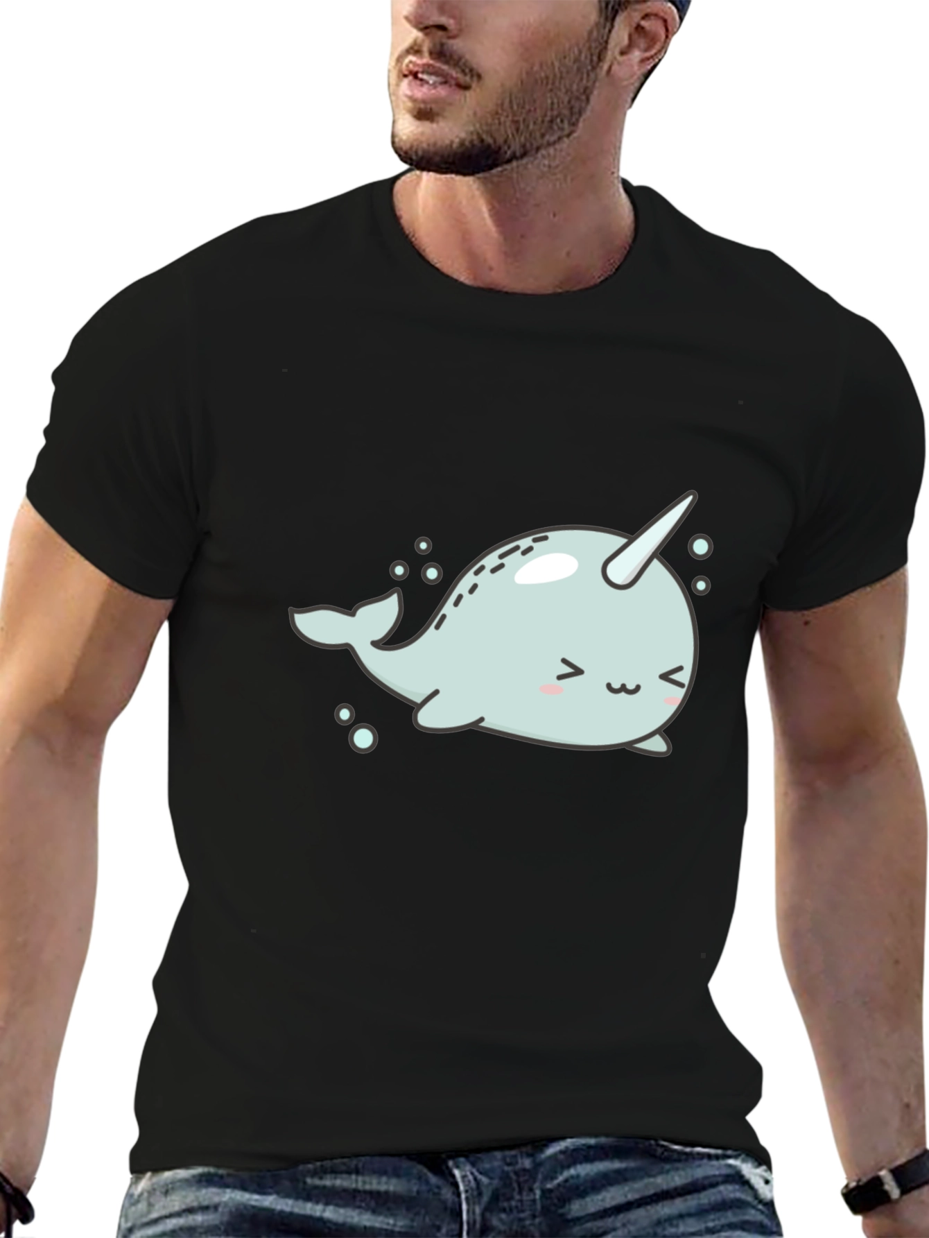 Black Cute Narwhal Graphic Tee - Black Cotton T-Shirt view 6