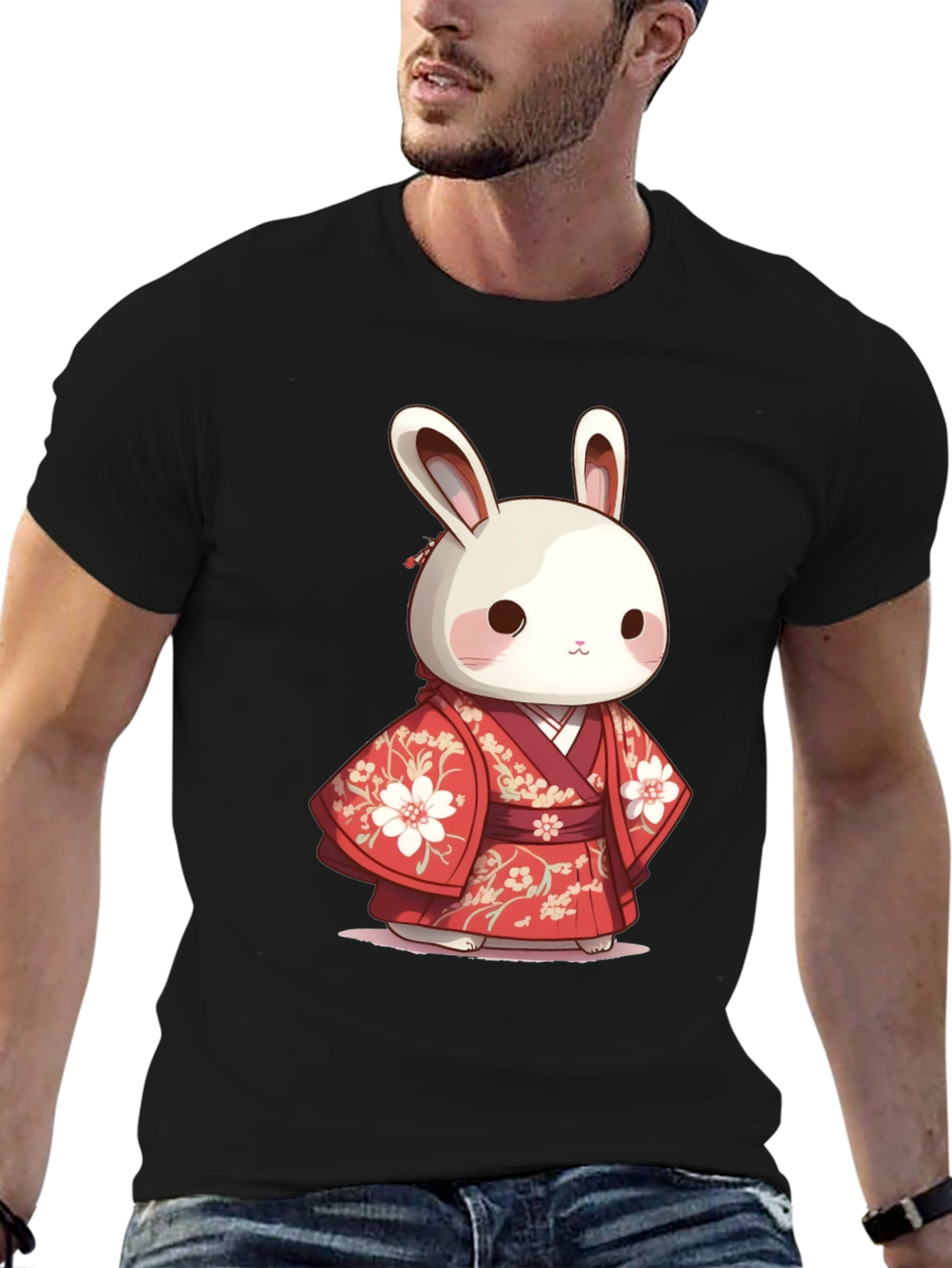 Black Cute Bunny in Kimono T-Shirt view 6