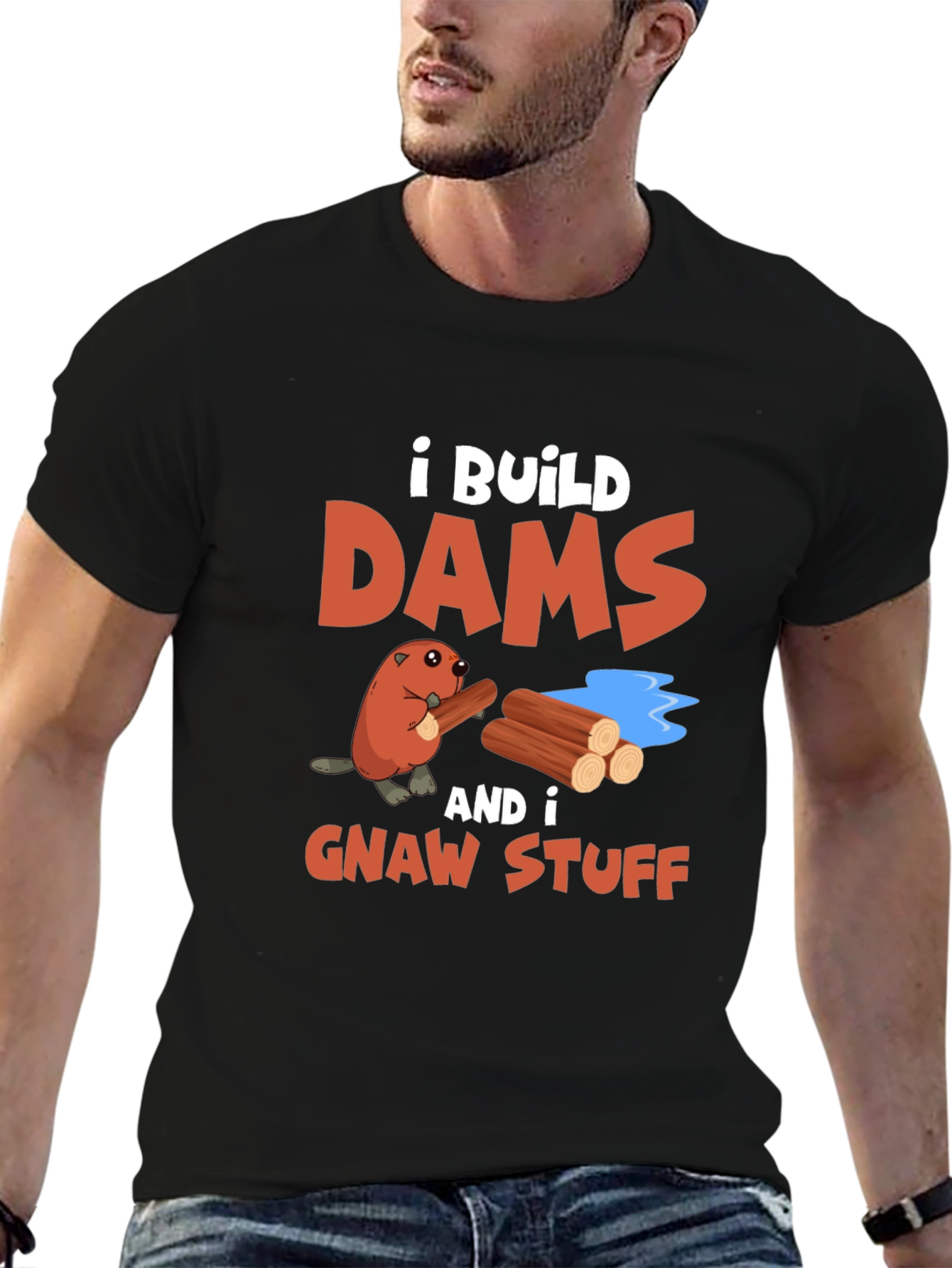 Black I Build Dams and Gnaw Stuff T-Shirt view 6