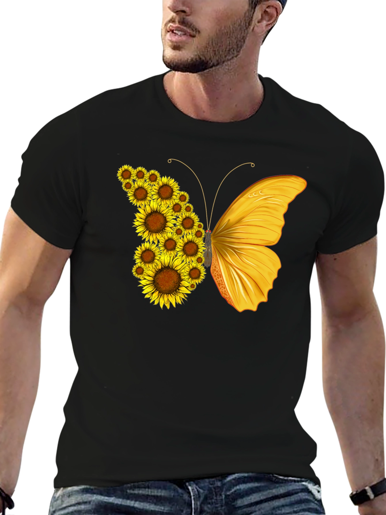 Black Sunflower Butterfly Graphic T-Shirt - Black view 6