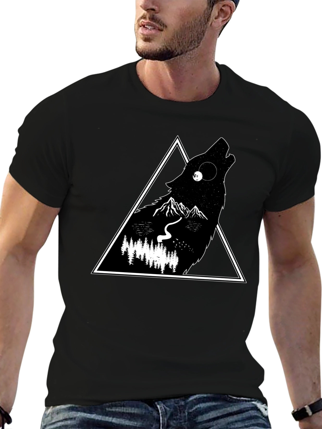 Black Wolf Triangle Graphic Black T-Shirt view 6