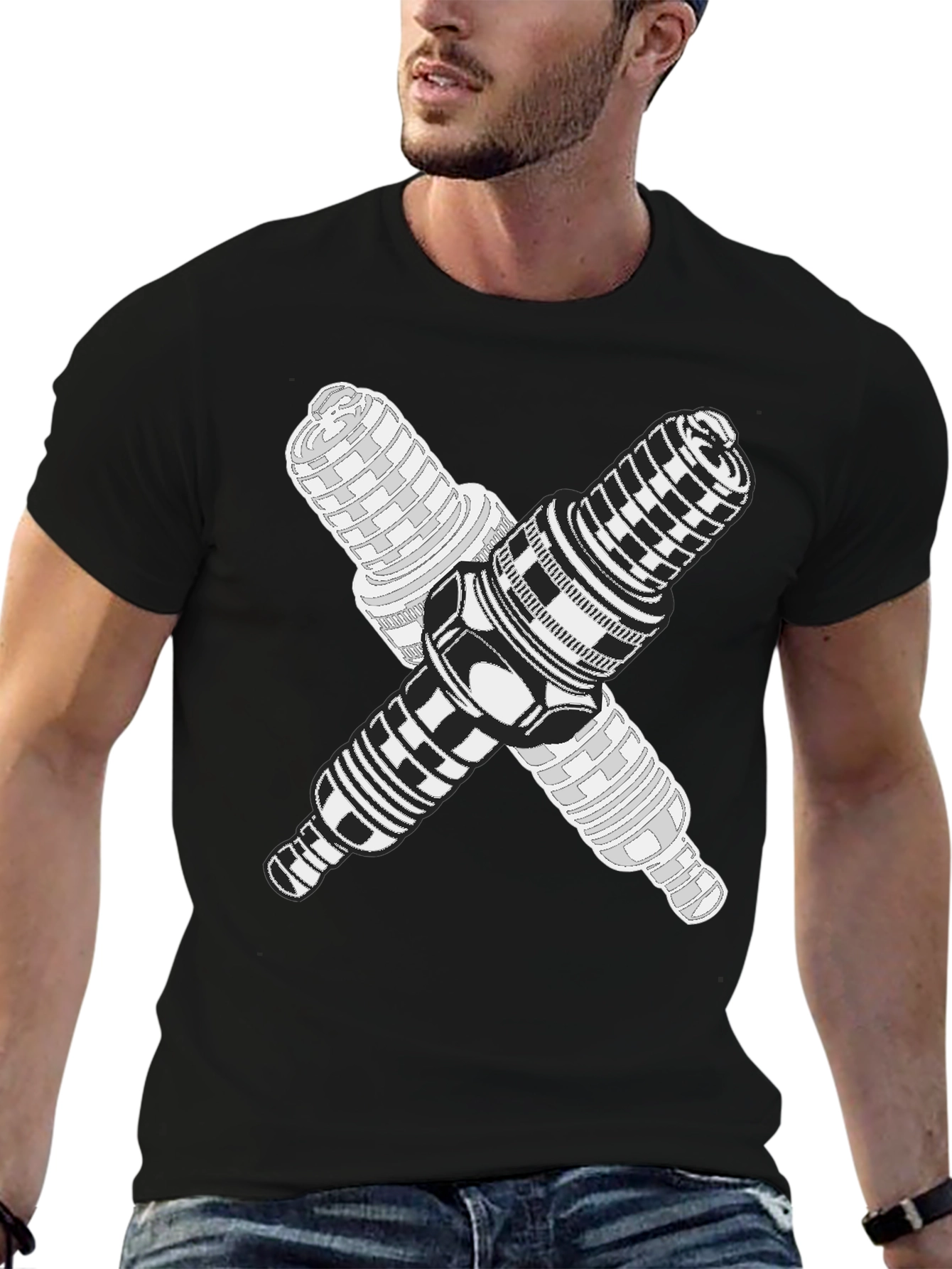 Black Crossed Spark Plugs Graphic Tee - Black Cotton Blend view 6