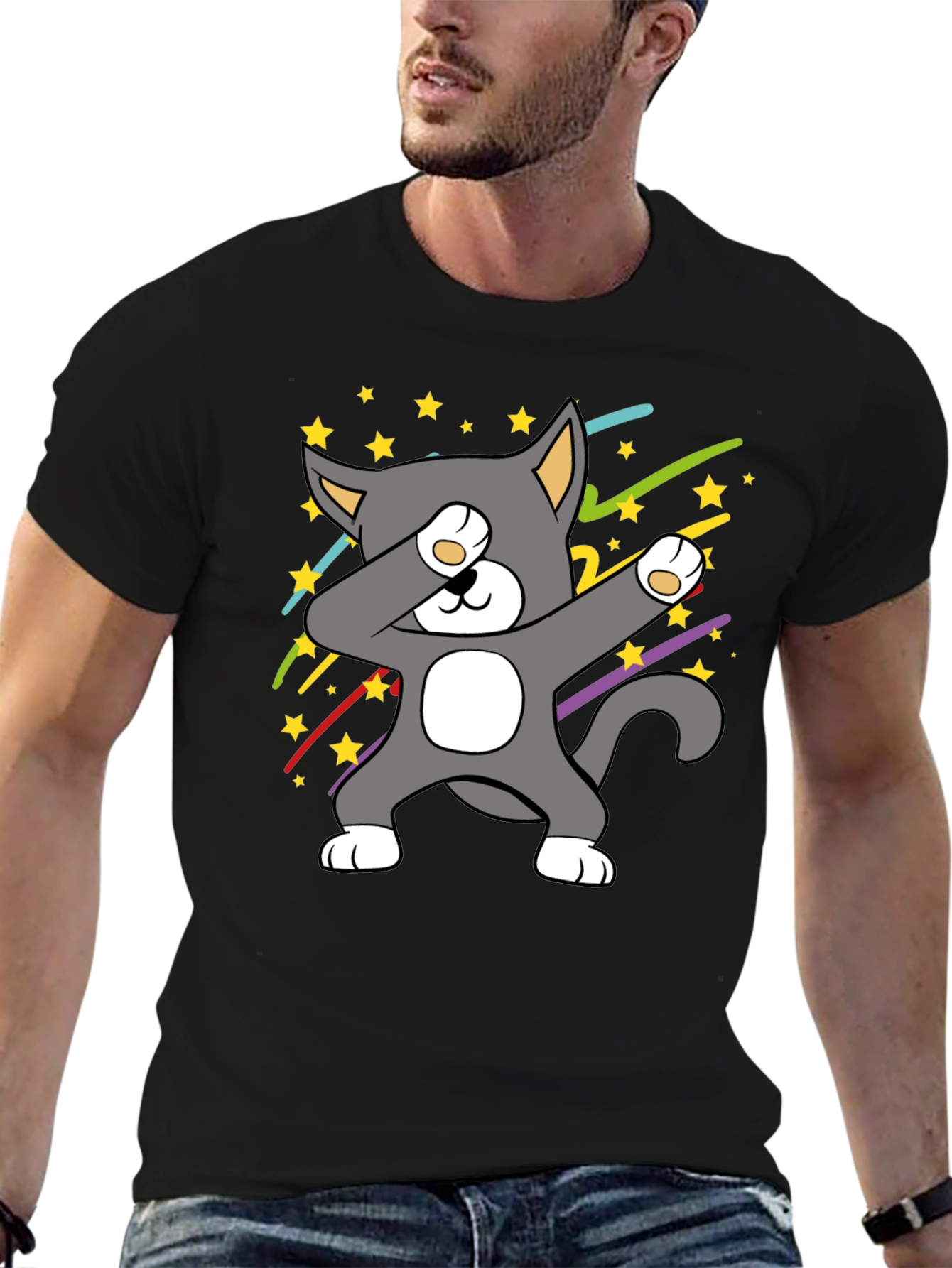 Black Dabbing Cat T-Shirt - Cool Graphic Tee view 6