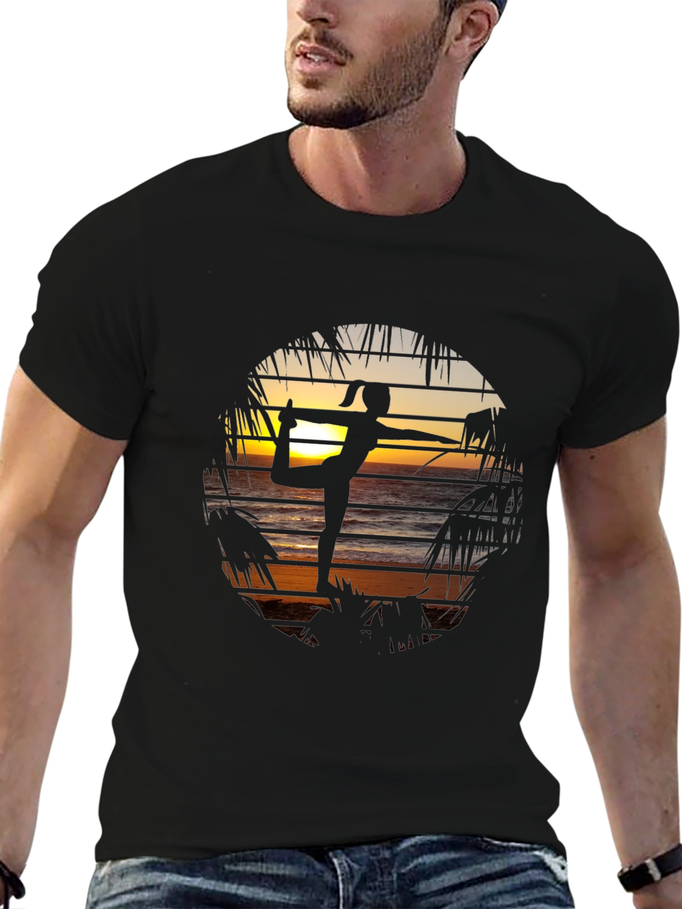 Black Yoga Sunset Graphic Tee - Zen Beach Vibes T-Shirt view 6