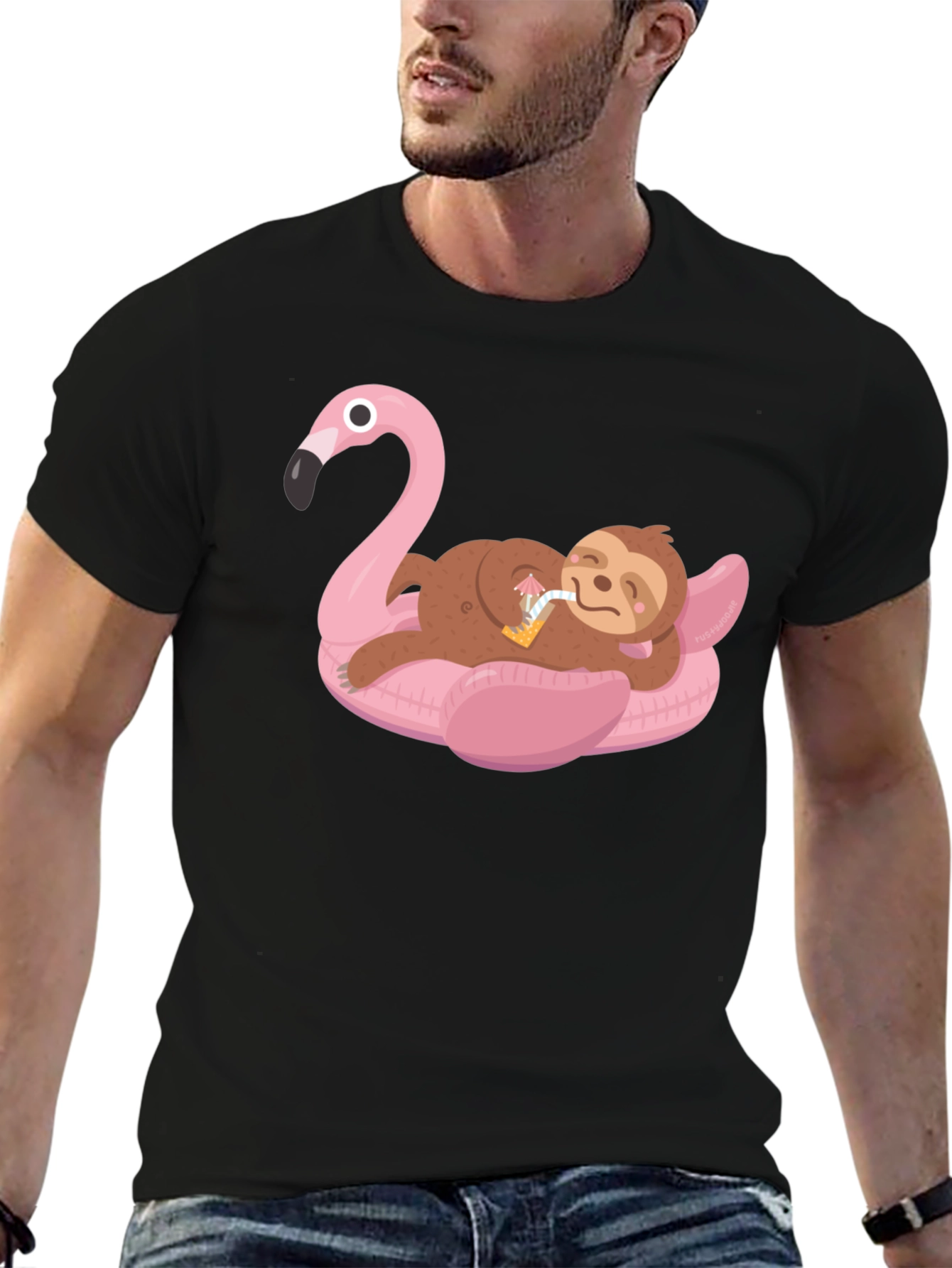 Black Sloth on Flamingo Pool Float Graphic Tee view 6