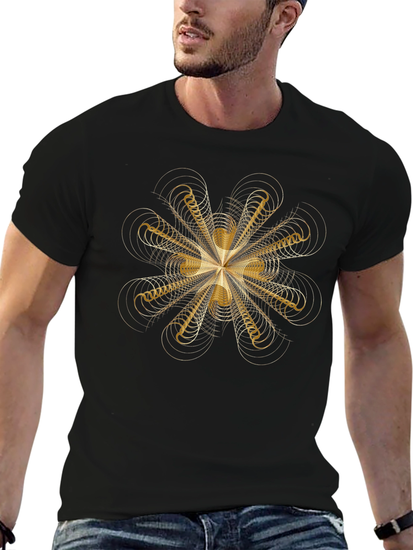 Black Geometric Gold Pattern Black T-Shirt view 6