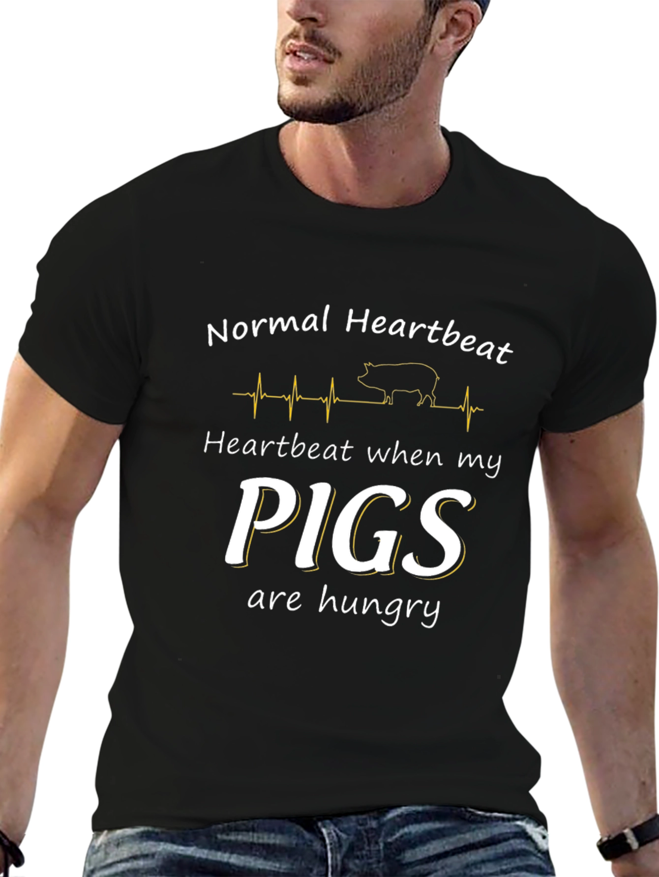 Funny Pig Heartbeat Men's Black T-Shirt - 6
