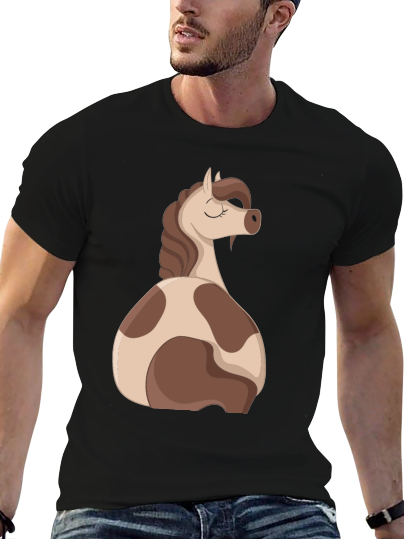 Black Horse Cartoon Graphic Black T-Shirt view 6