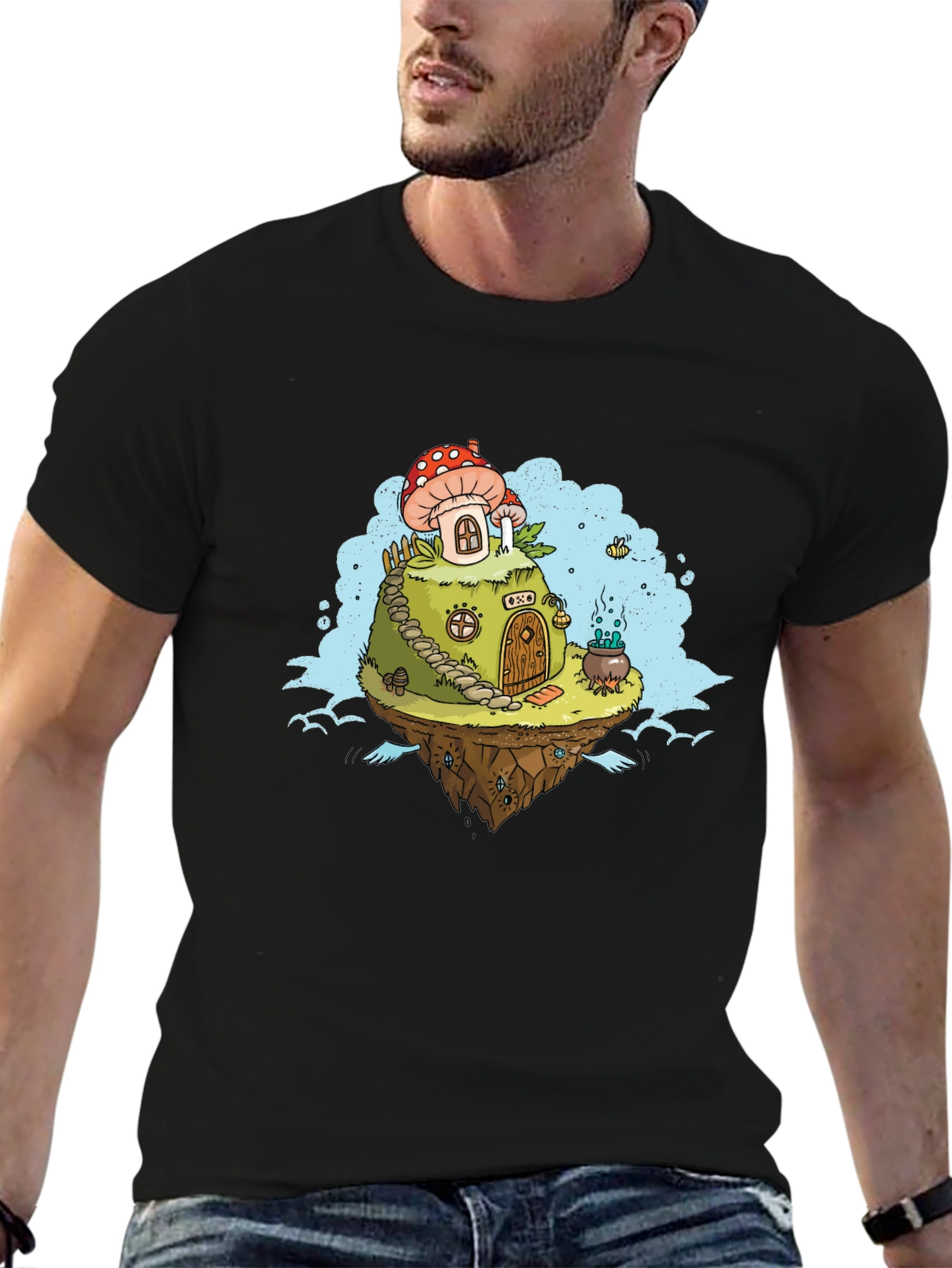 Black Mushroom House Island Graphic Tee - Whimsical Fantasy Design view 6