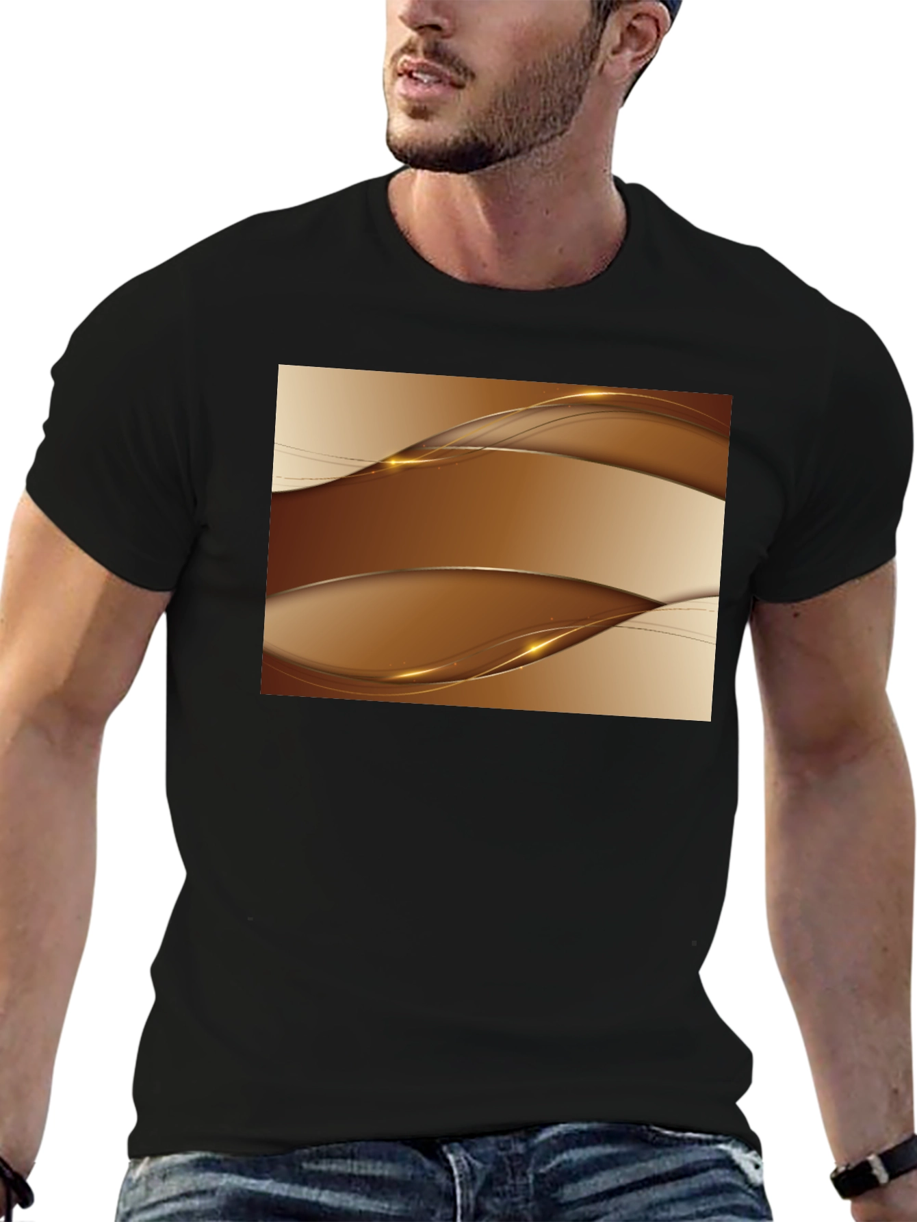 Black Stylish Abstract Wave Design Black T-Shirt view 6