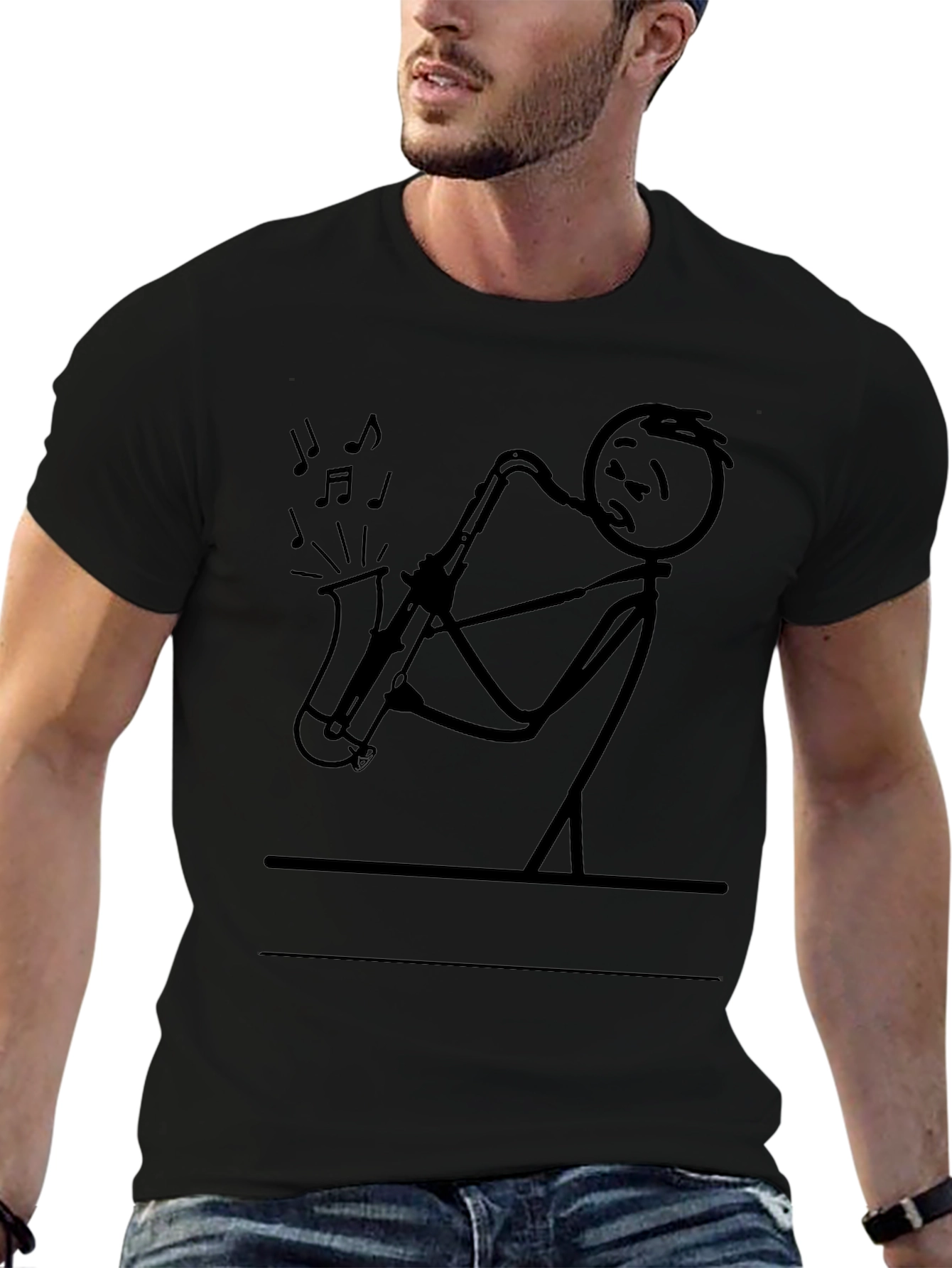 Black Saxophone Stick Figure T-Shirt - Musician Tee view 6