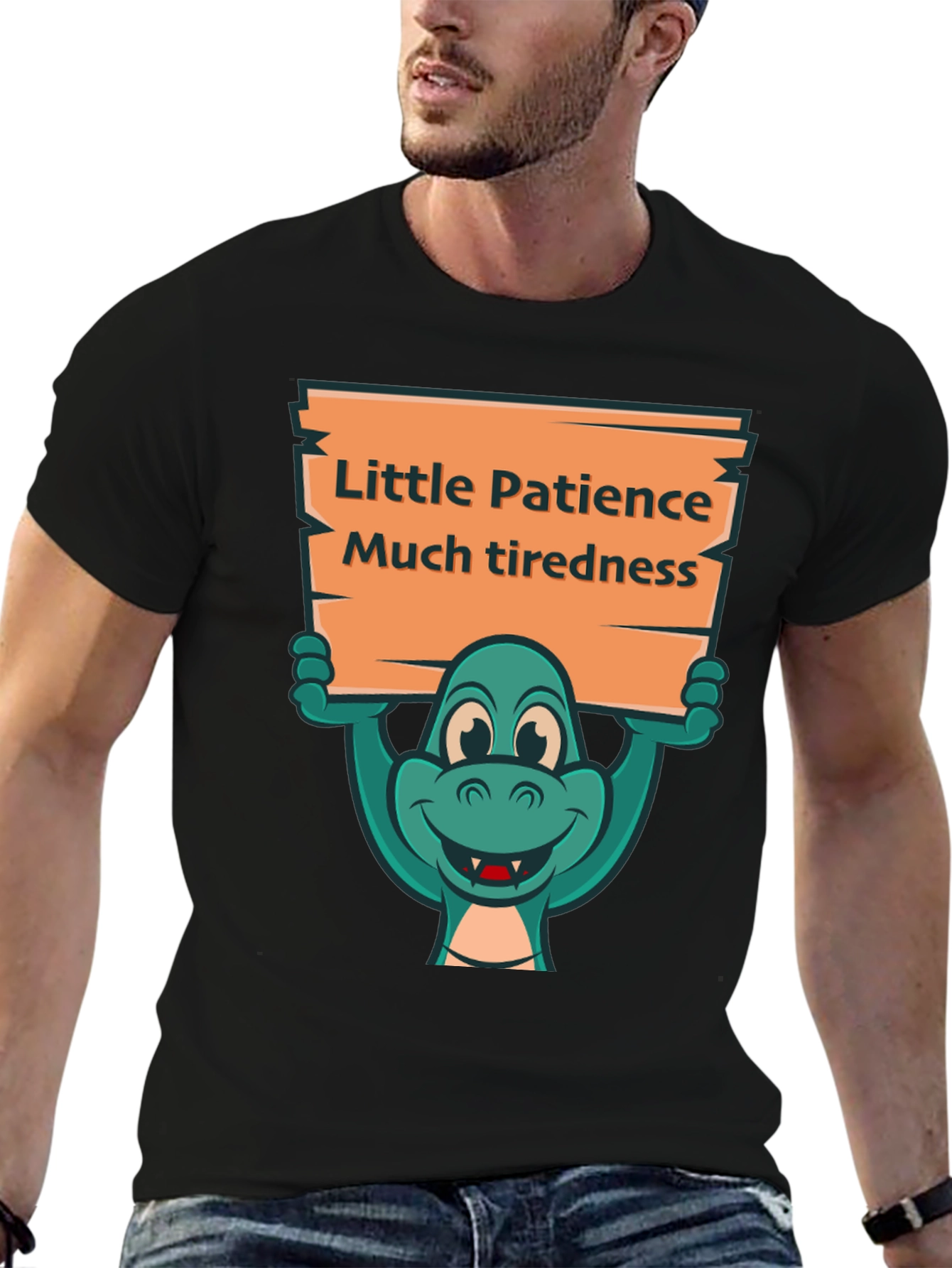 Black Funny Dinosaur Patience Tiredness Graphic Tee view 6
