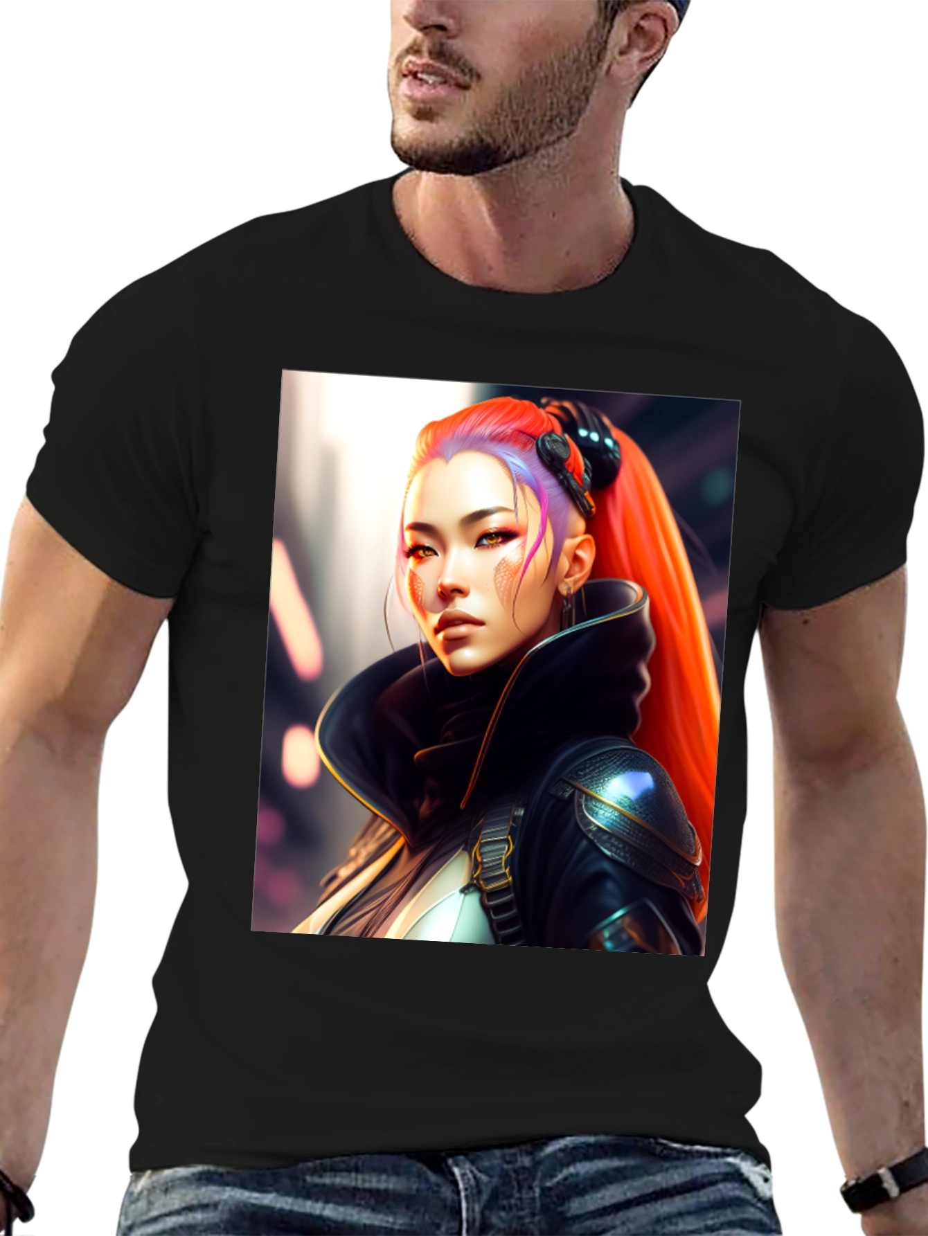 Black Cyberpunk Woman Portrait Graphic Tee - Stylish Cotton Blend Shirt view 6
