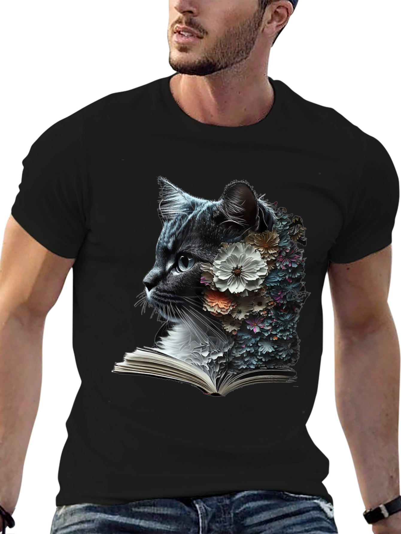 Black Floral Cat Reader Graphic T-Shirt view 6