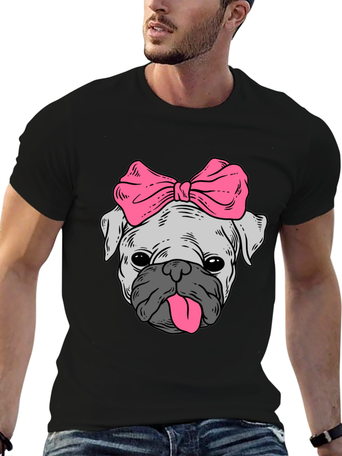 Black Cute Pug with Bow Graphic Tee - Unisex Black T-Shirt view 6