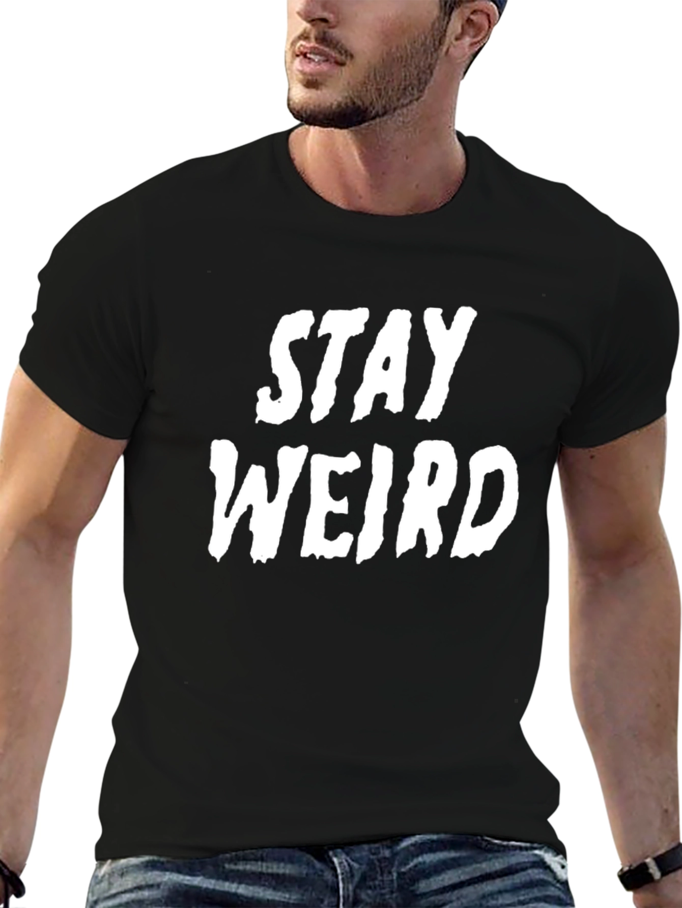 Black Stay Weird Graphic Tee - Black Cotton T-Shirt view 6