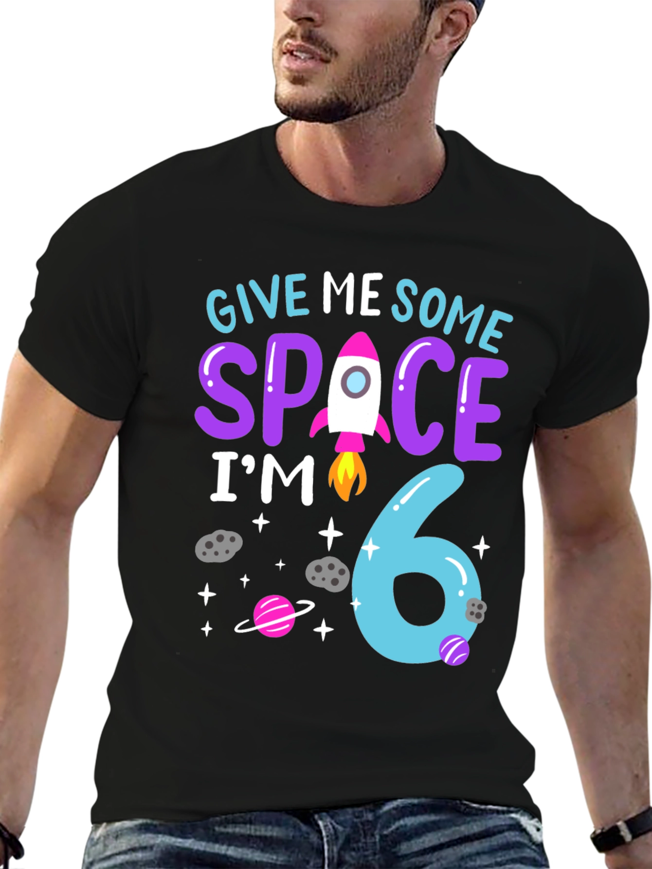 Black Give Me Some Space, I'm 6 Birthday T-Shirt view 6