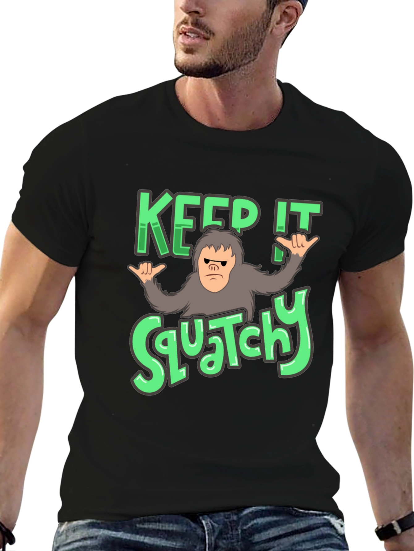 Black Keep It Squatchy T-Shirt: Bigfoot Graphic Tee view 6
