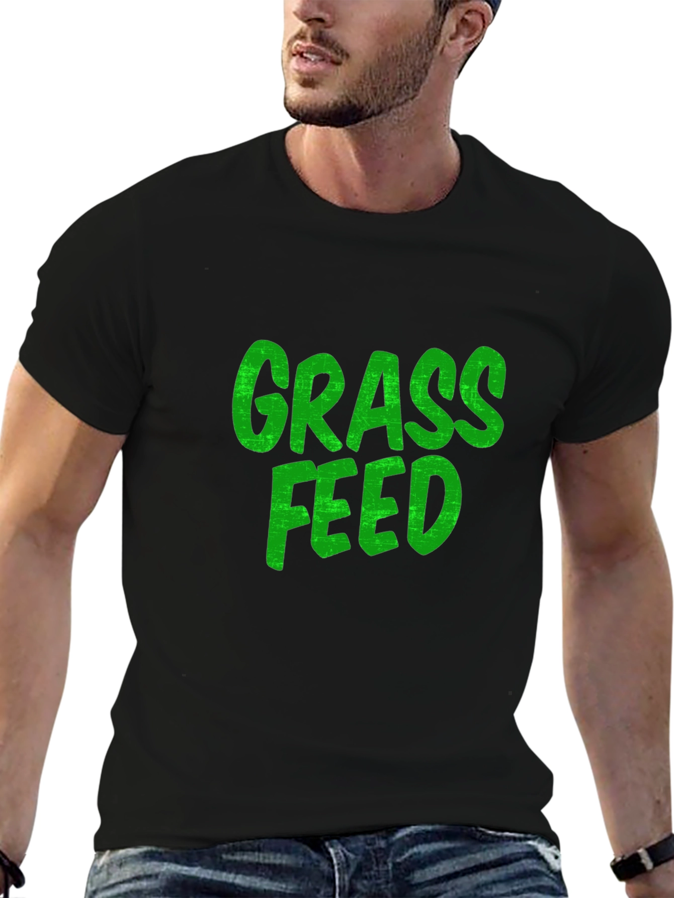 Black Grass Feed Green Text Black Cotton T-Shirt view 6