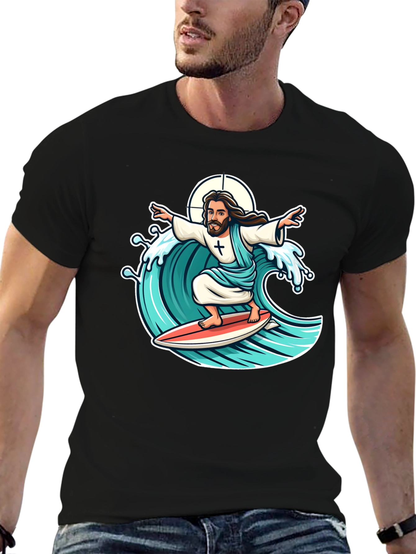 Black Surfing Jesus Graphic T-Shirt view 6