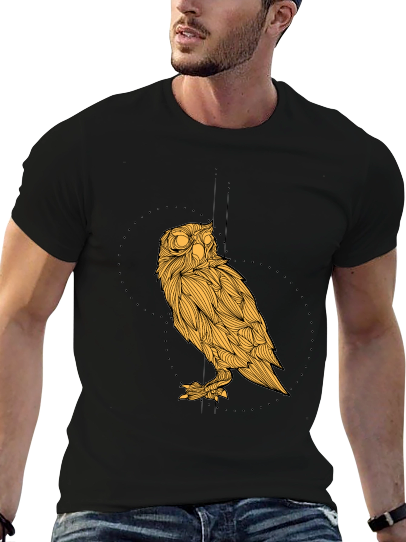 Black Men's Black T-Shirt with Golden Owl Graphic view 6