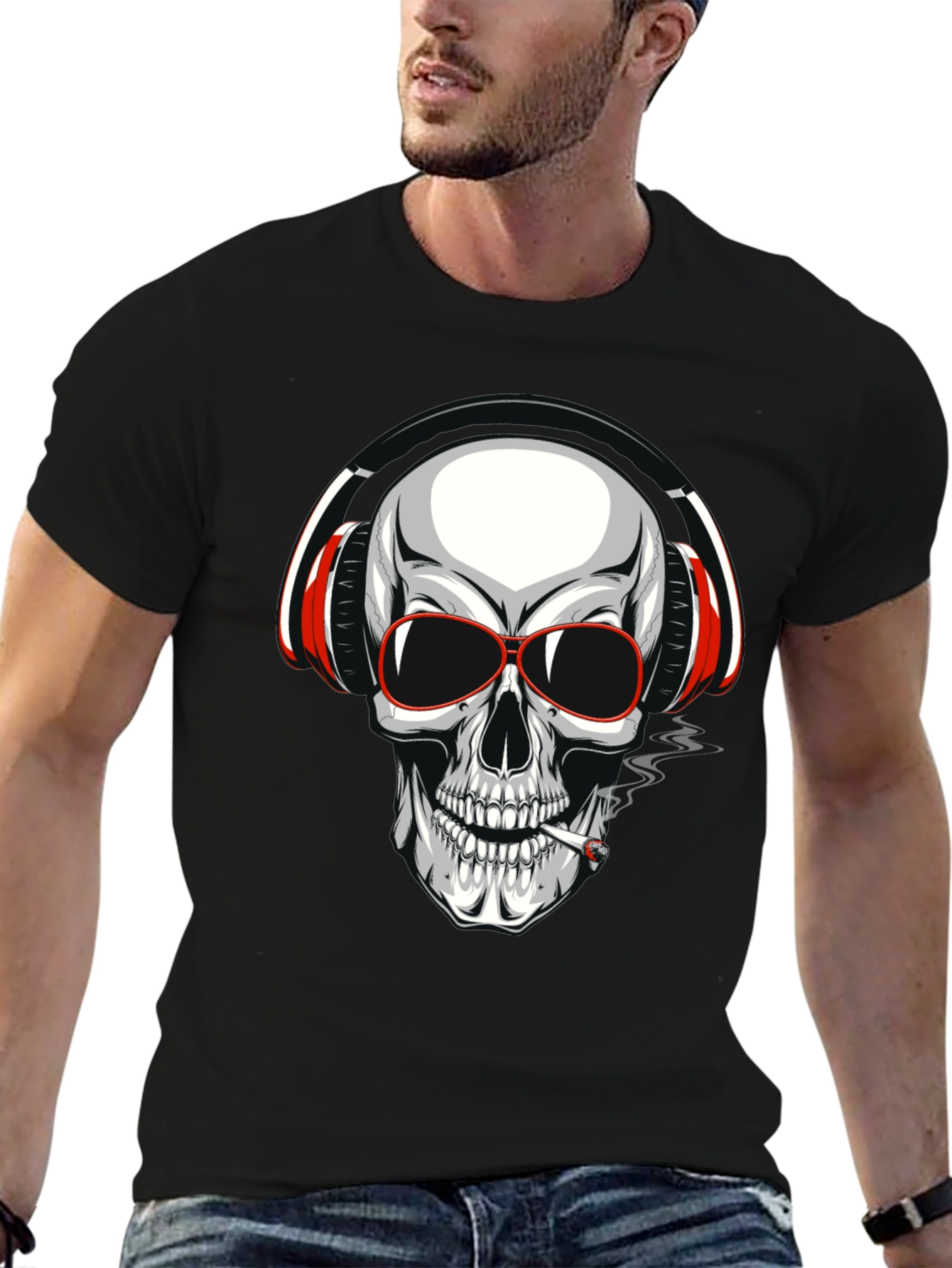 Black Skull with Headphones Graphic T-Shirt view 6