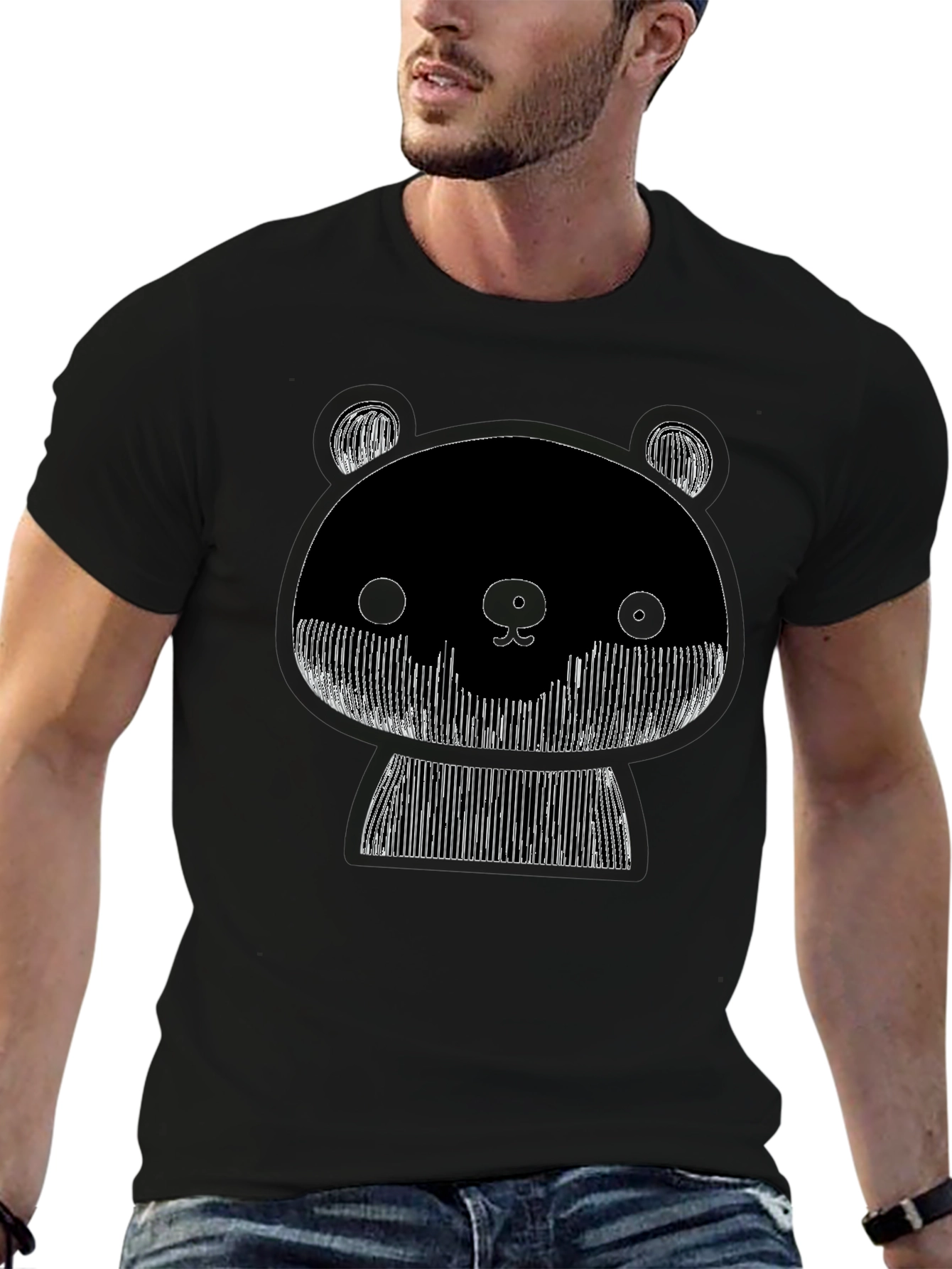 Black Graphic Black Tee: Abstract Panda Design view 6