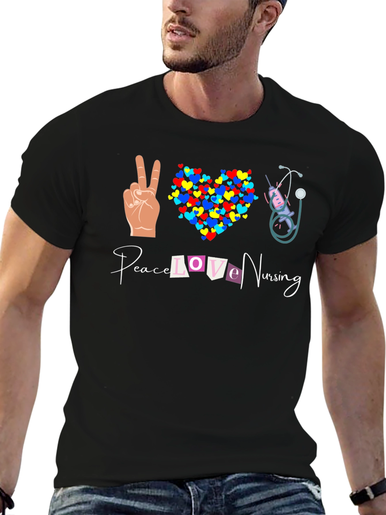 Black Peace Love Nursing Graphic T-Shirt view 6