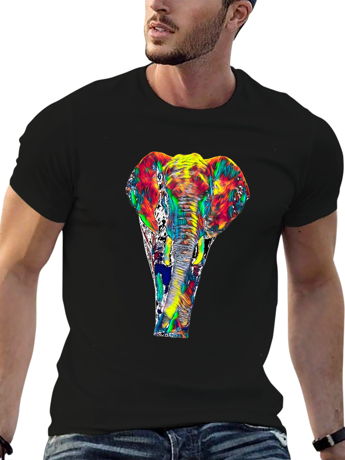 Black Vivid Elephant Graphic T-Shirt - Black view 6