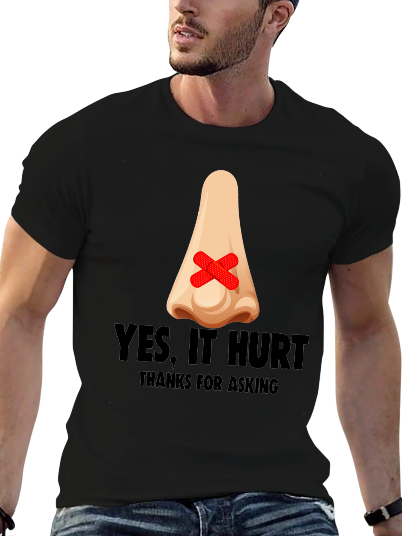 Black Humorous "Yes, It Hurt" Nose Patch T-Shirt view 6