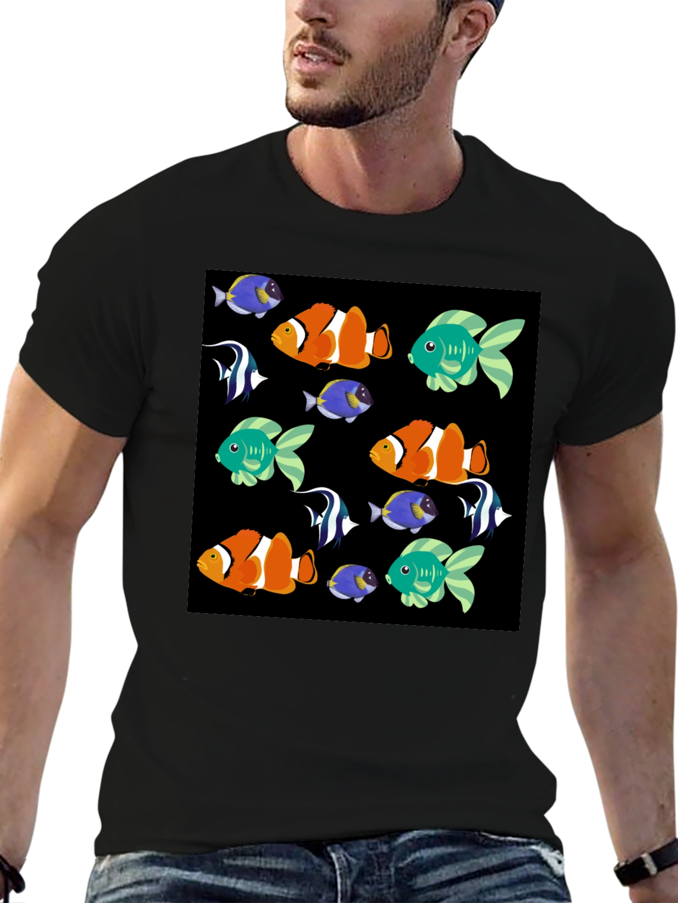 Black Fun Fish Pattern Black T-Shirt view 6