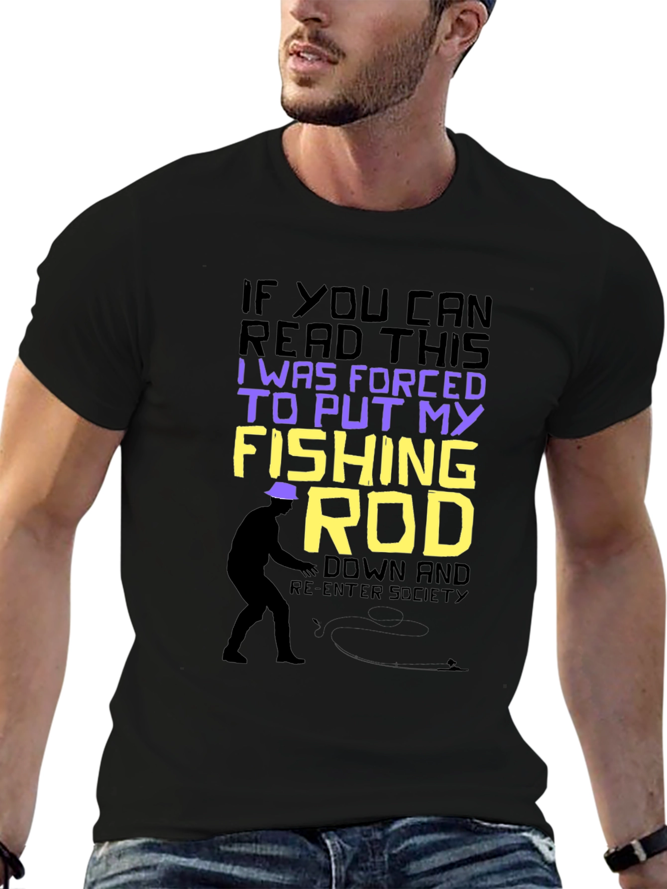 Black Funny Fishing T-Shirt: Forced to Put My Fishing Rod Down view 6