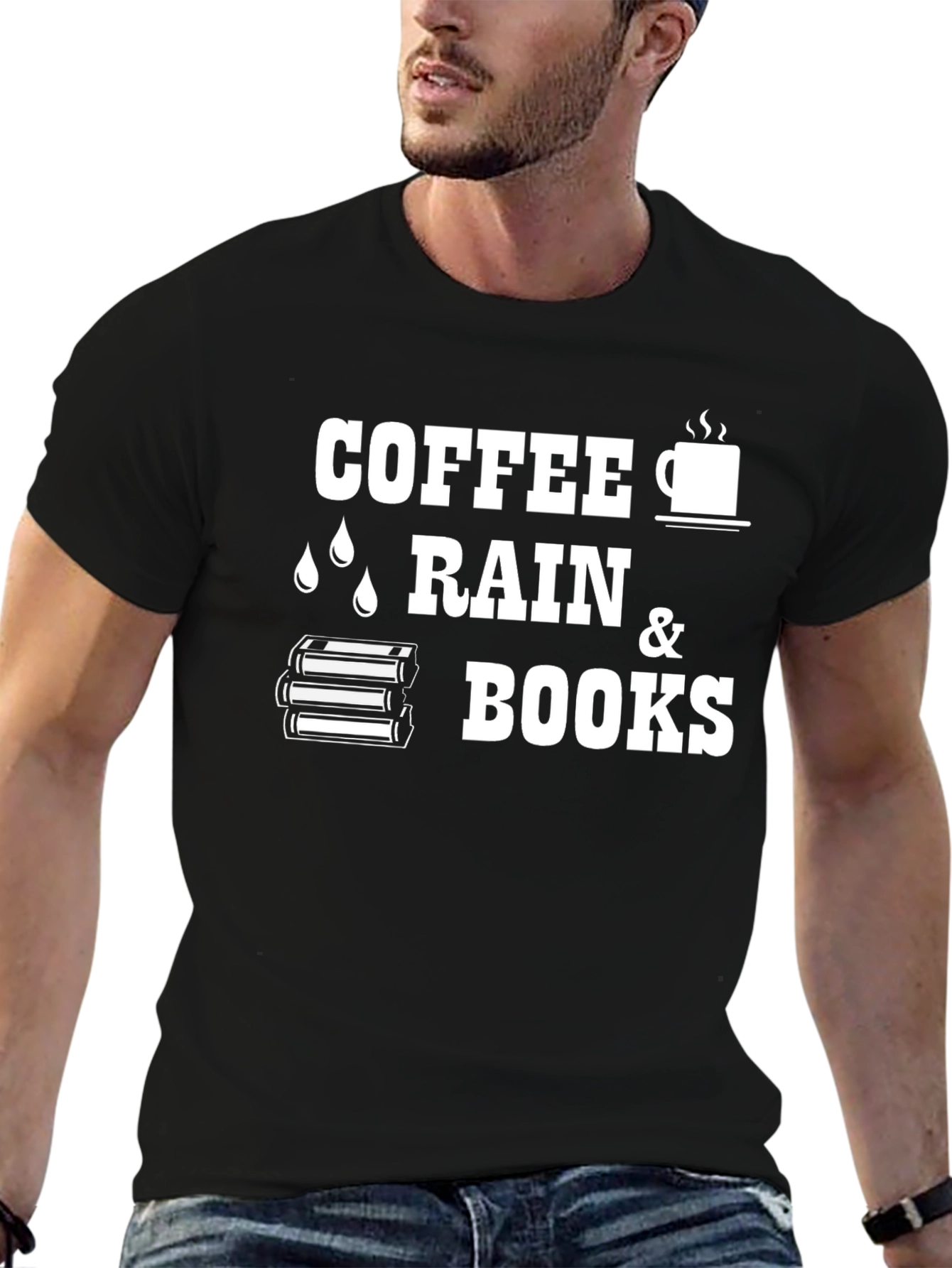 Black Coffee, Rain & Books T-Shirt - Reader's Delight view 6