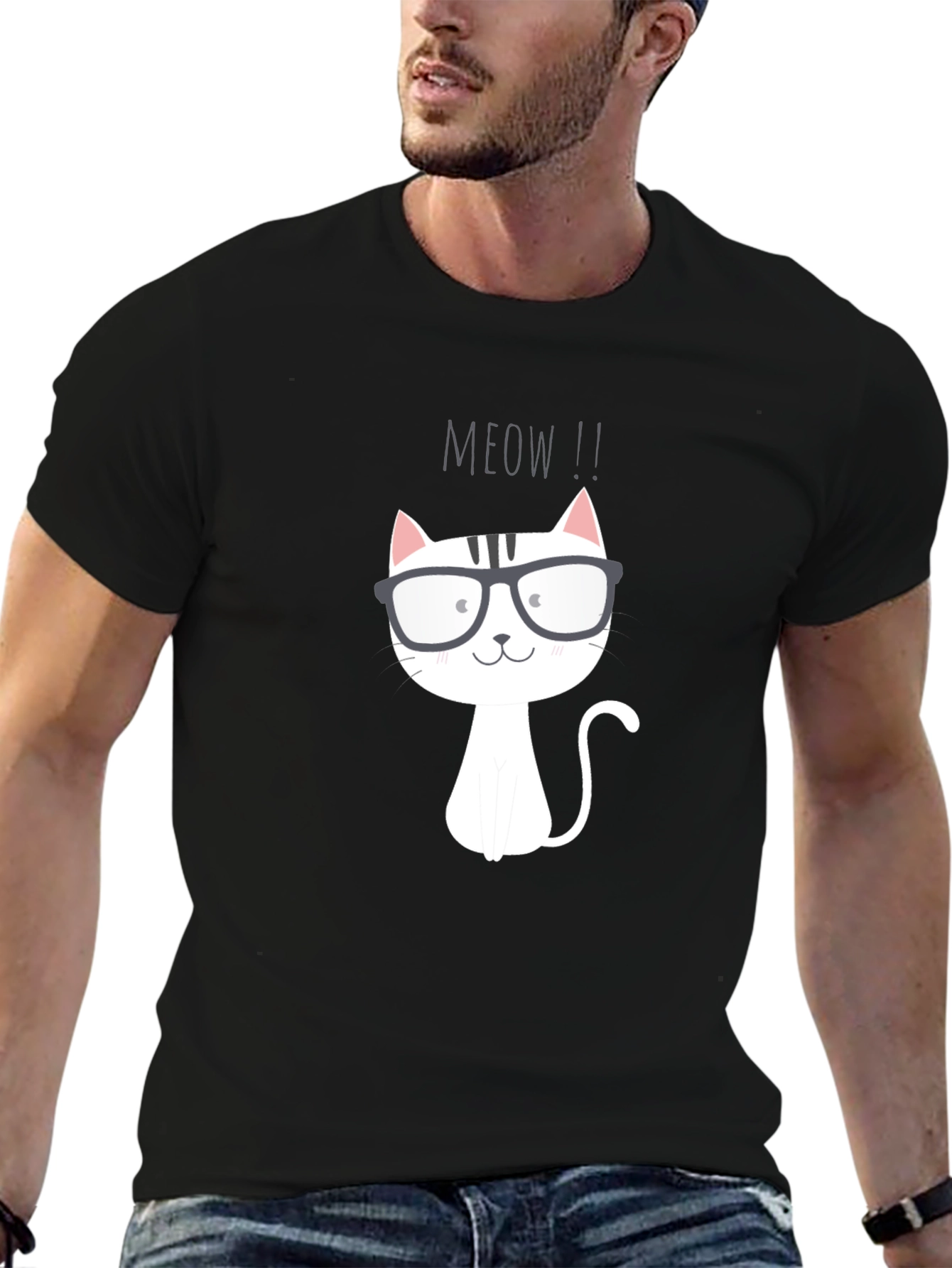Black Meow Cat T-Shirt - Cute Cartoon Graphic Tee view 6