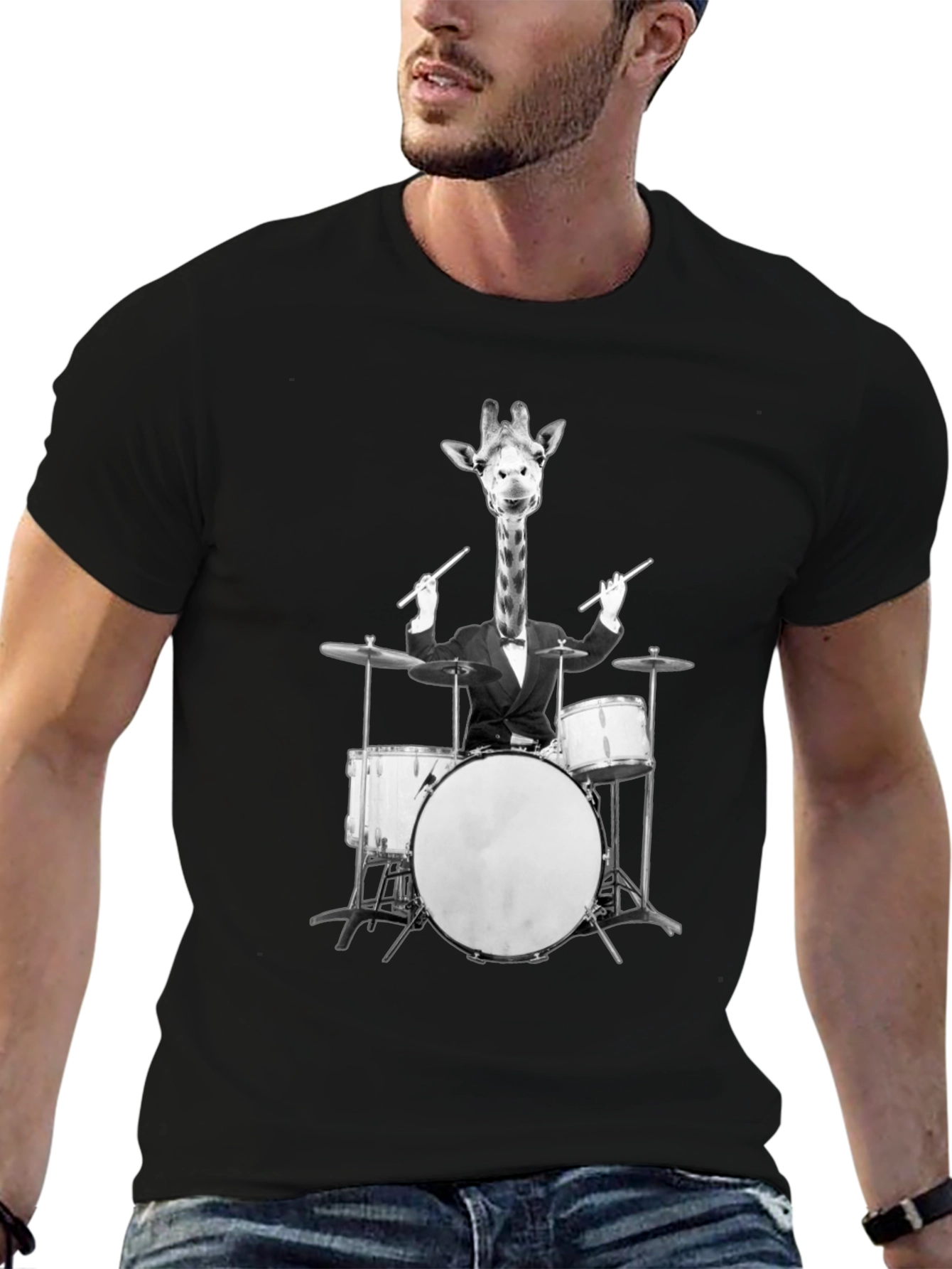 Black Giraffe Drummer Graphic Tee - Cool Novelty T-Shirt view 6