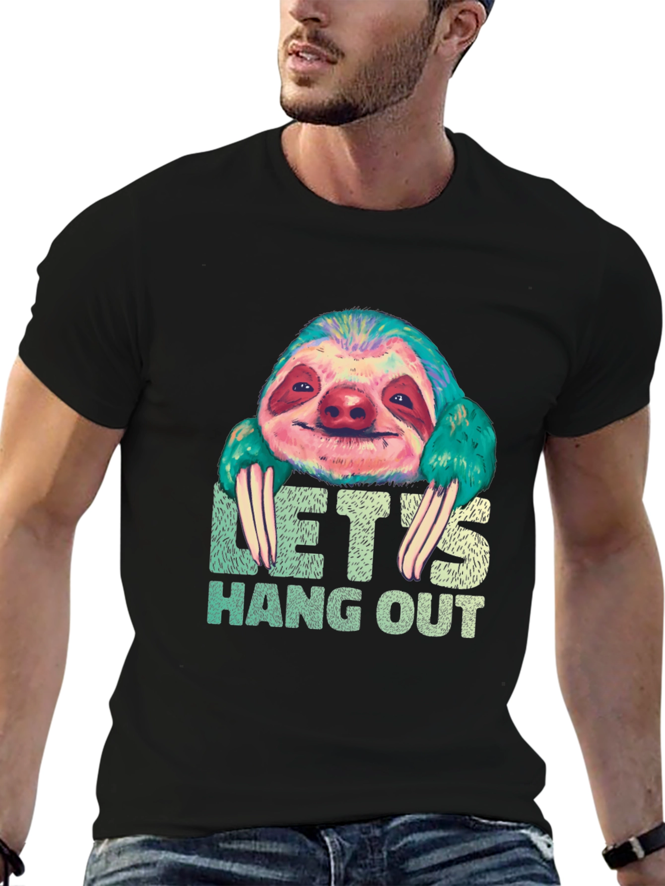 Black Let's Hang Out Sloth Graphic Tee view 6