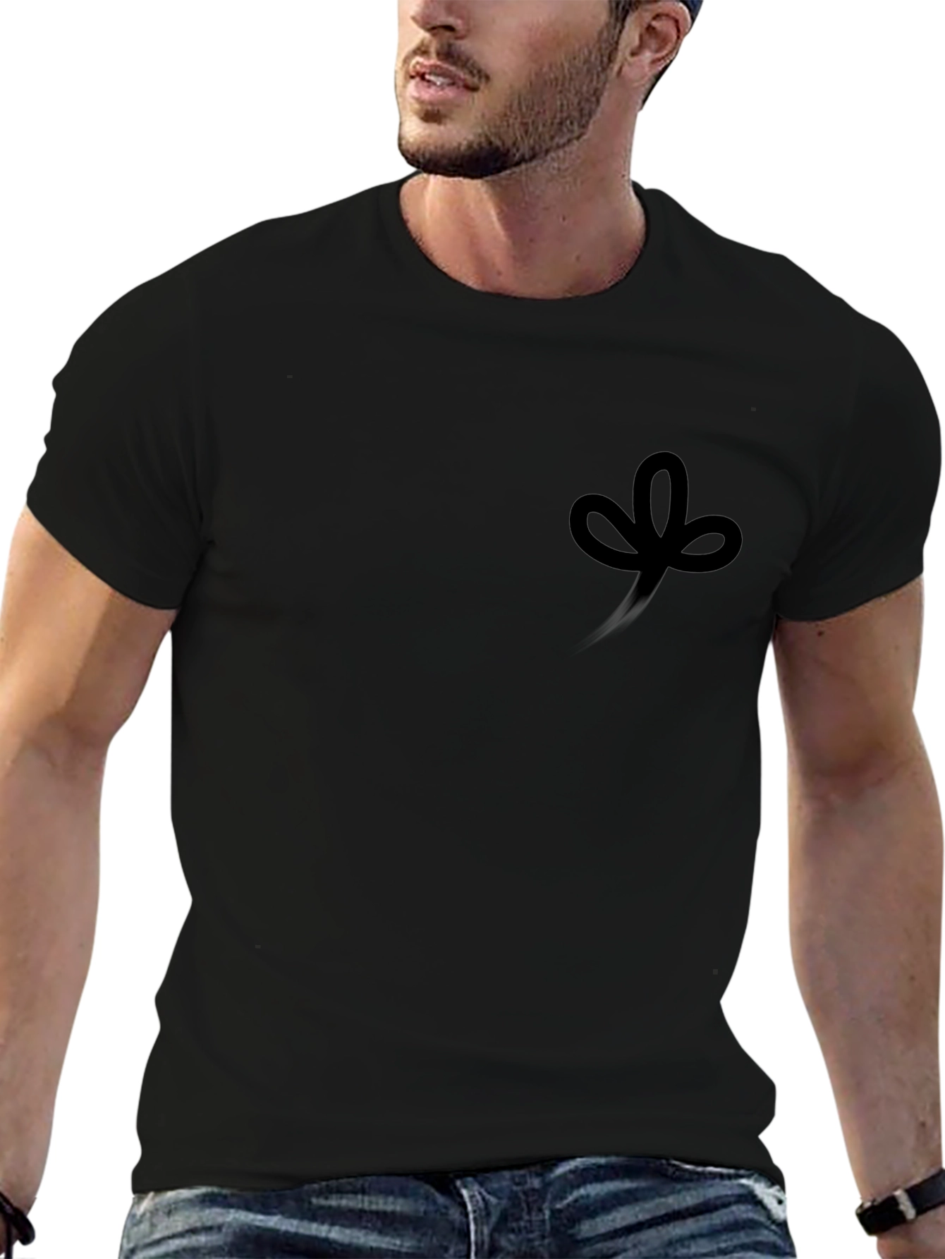 Black Men's Black Crew Neck T-Shirt with Clover Design view 6