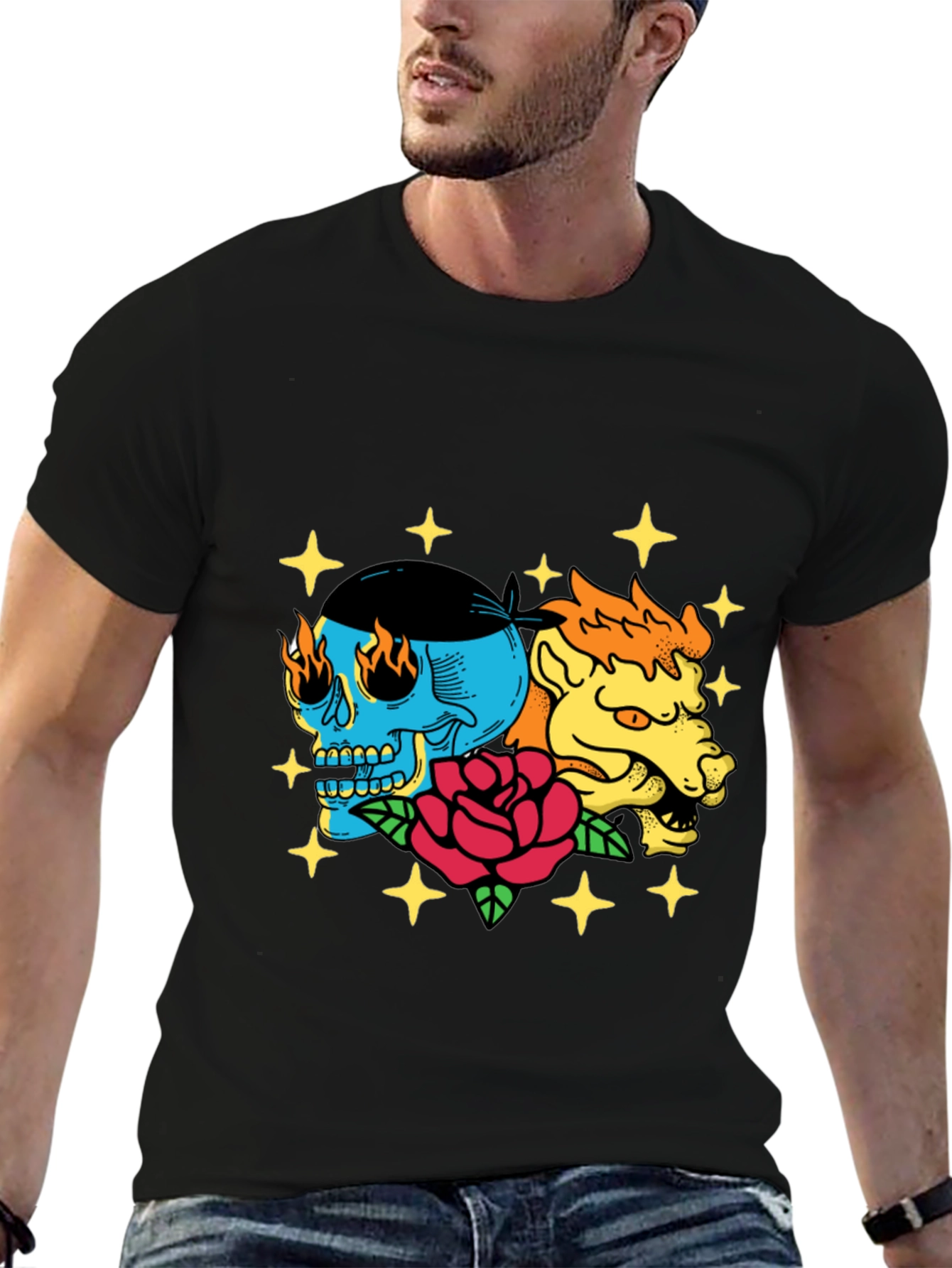 Black Skull & Beast Graphic Tee - Black Cotton T-Shirt view 6