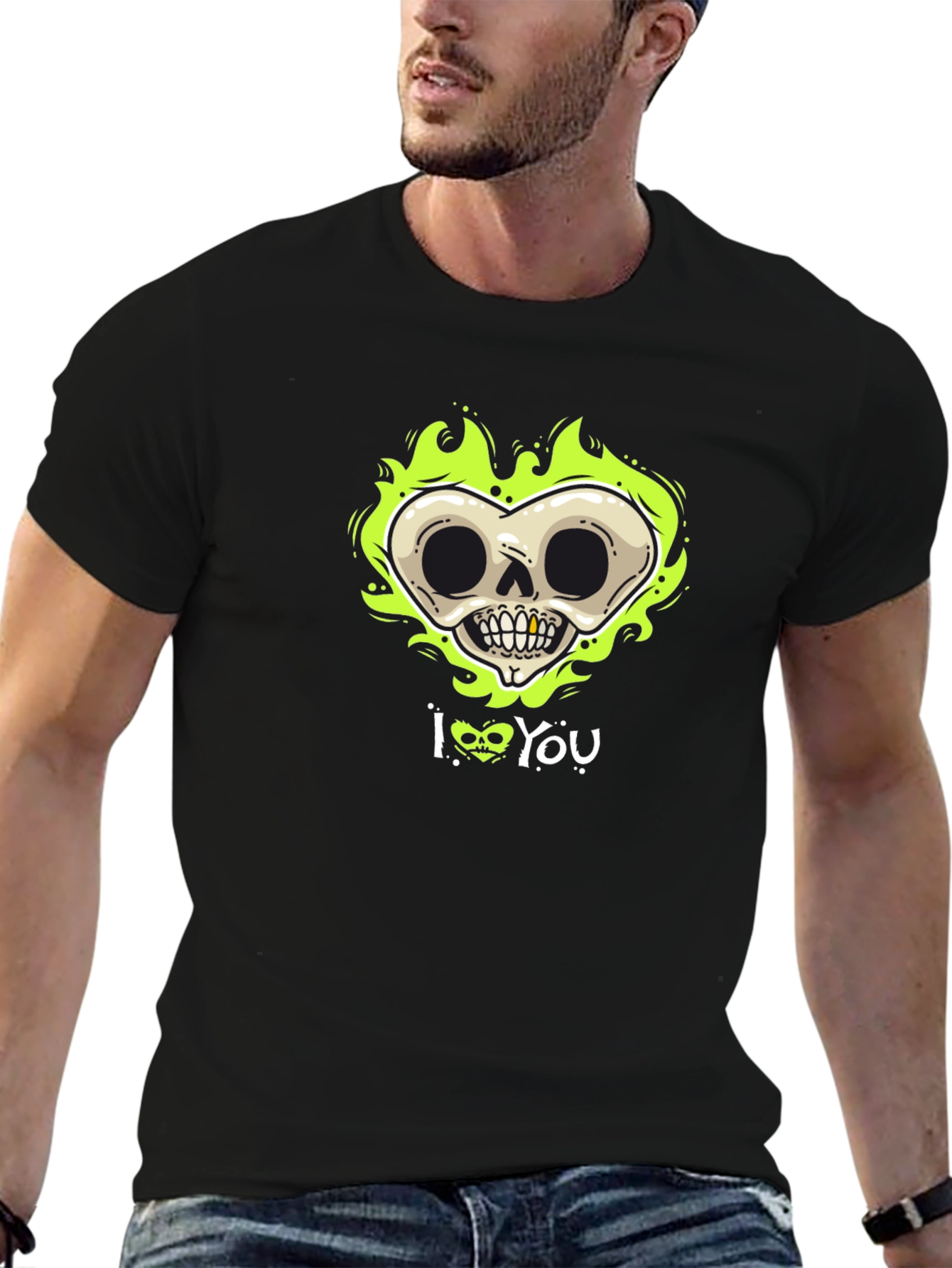 Black Skull Heart I Love You Graphic Black T-Shirt view 6