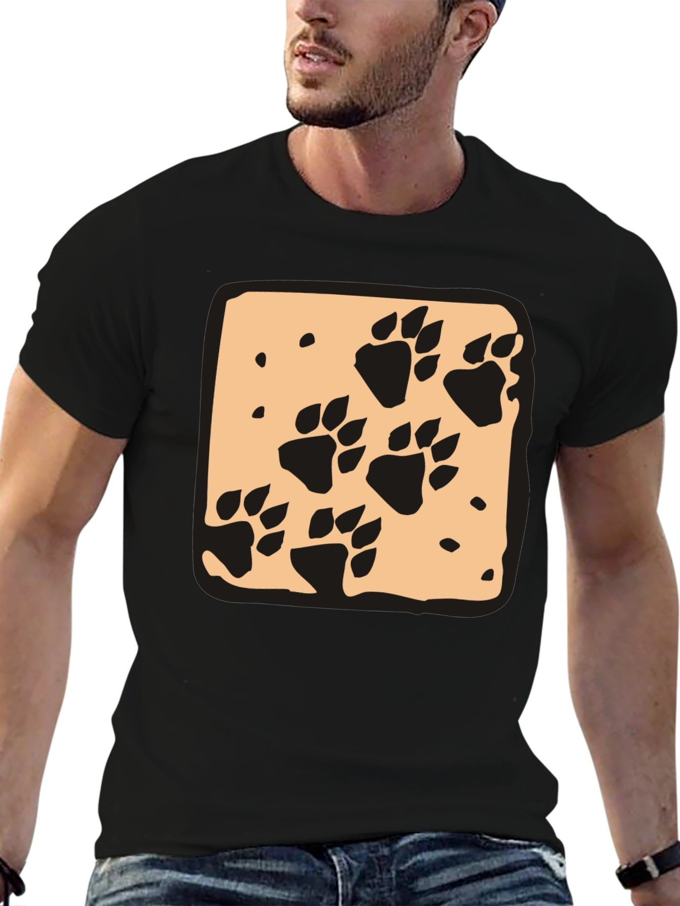 Black Paw Print Graphic Tee - Black Crew Neck Casual T-Shirt view 6