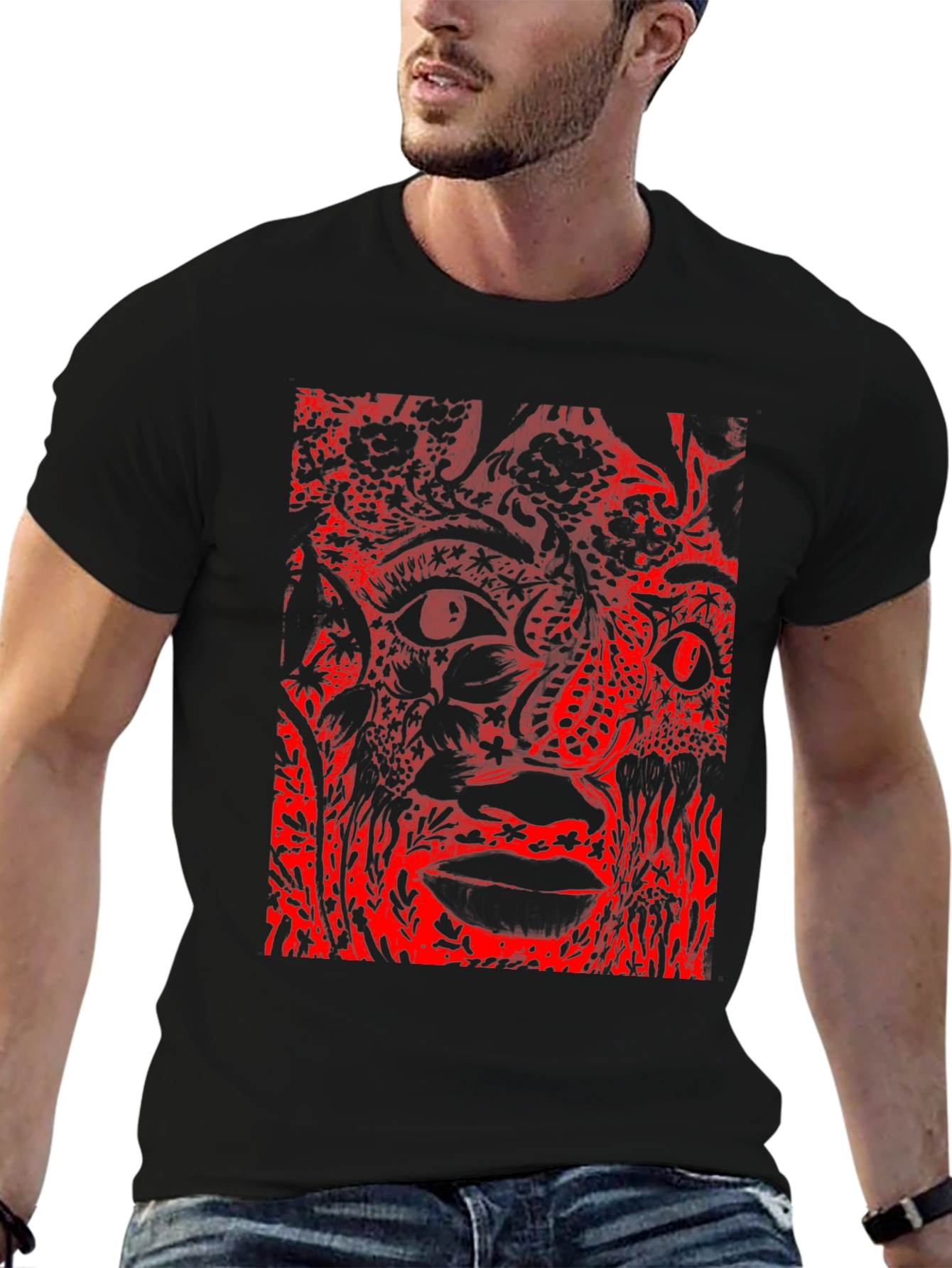 Black Abstract Red Print Black T-Shirt view 6