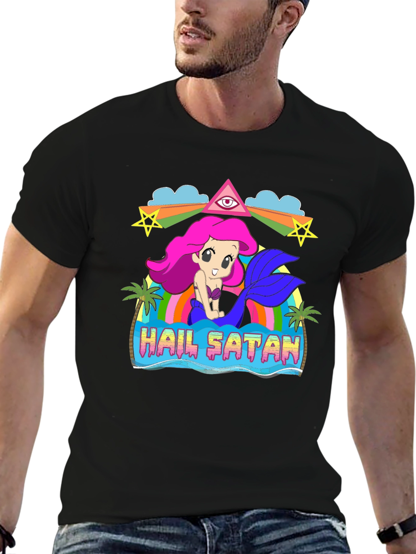Black Hail Satan Mermaid Graphic T-Shirt view 6