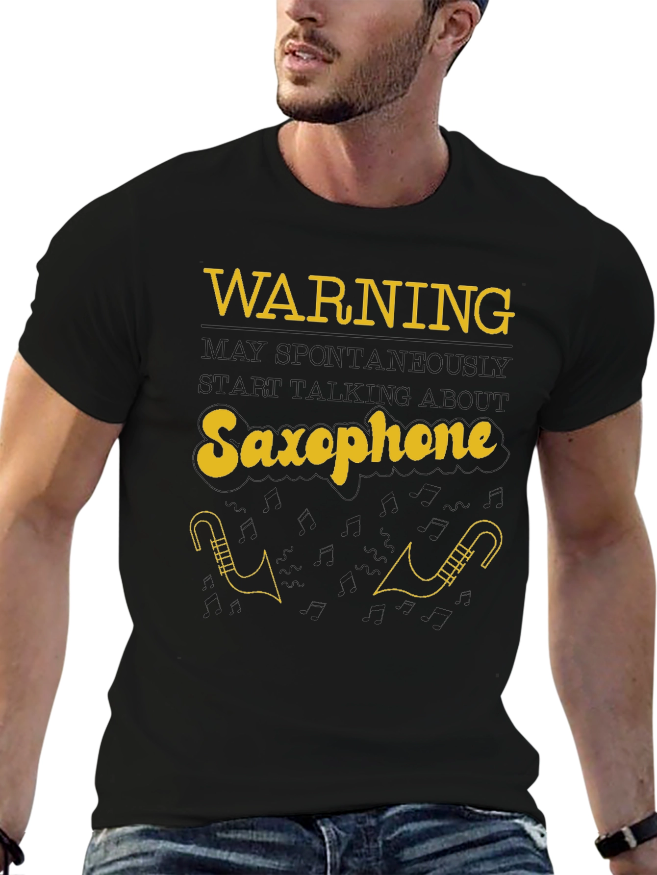 Black Warning May Spontaneously Talk About Saxophone T-Shirt view 6