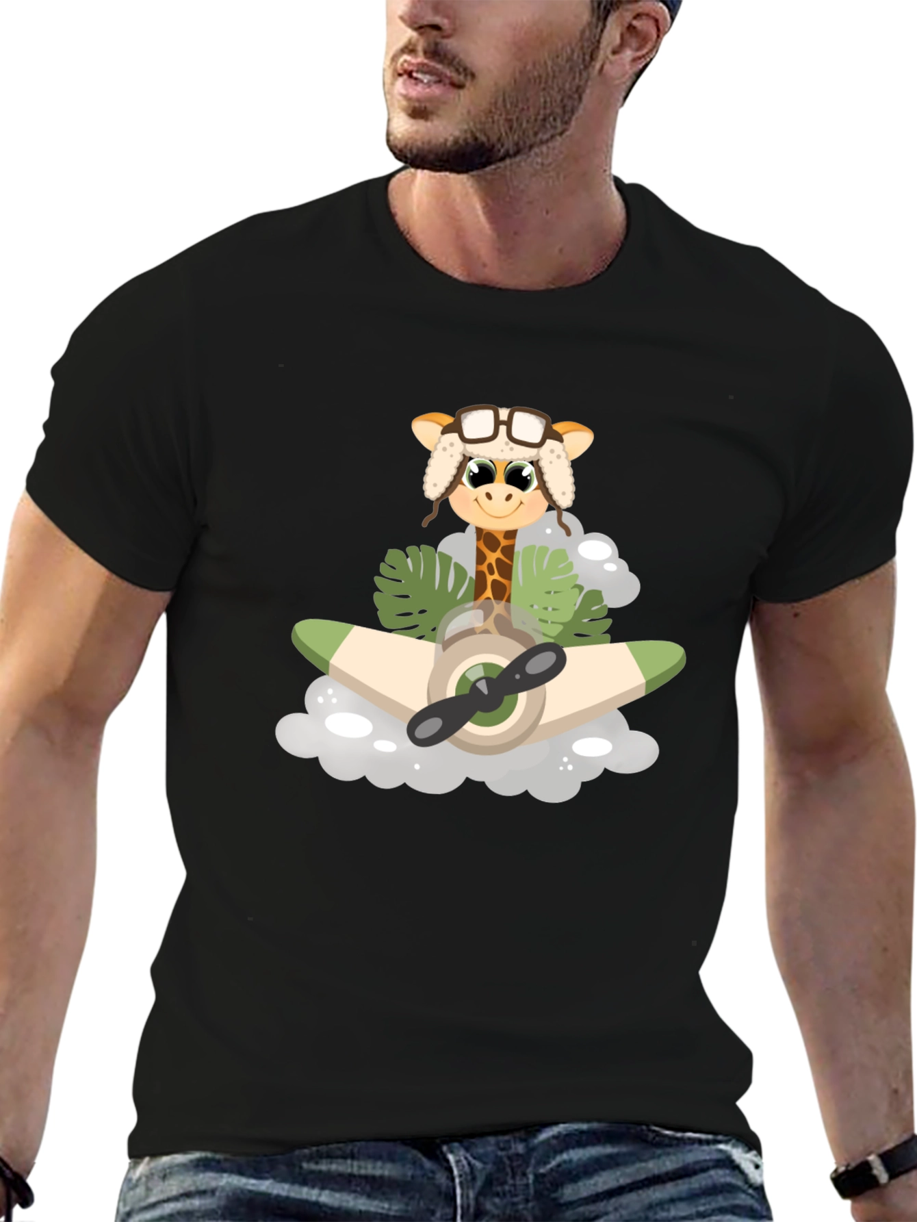 Black Giraffe Aviator T-Shirt: Cute Cartoon Plane Design view 6