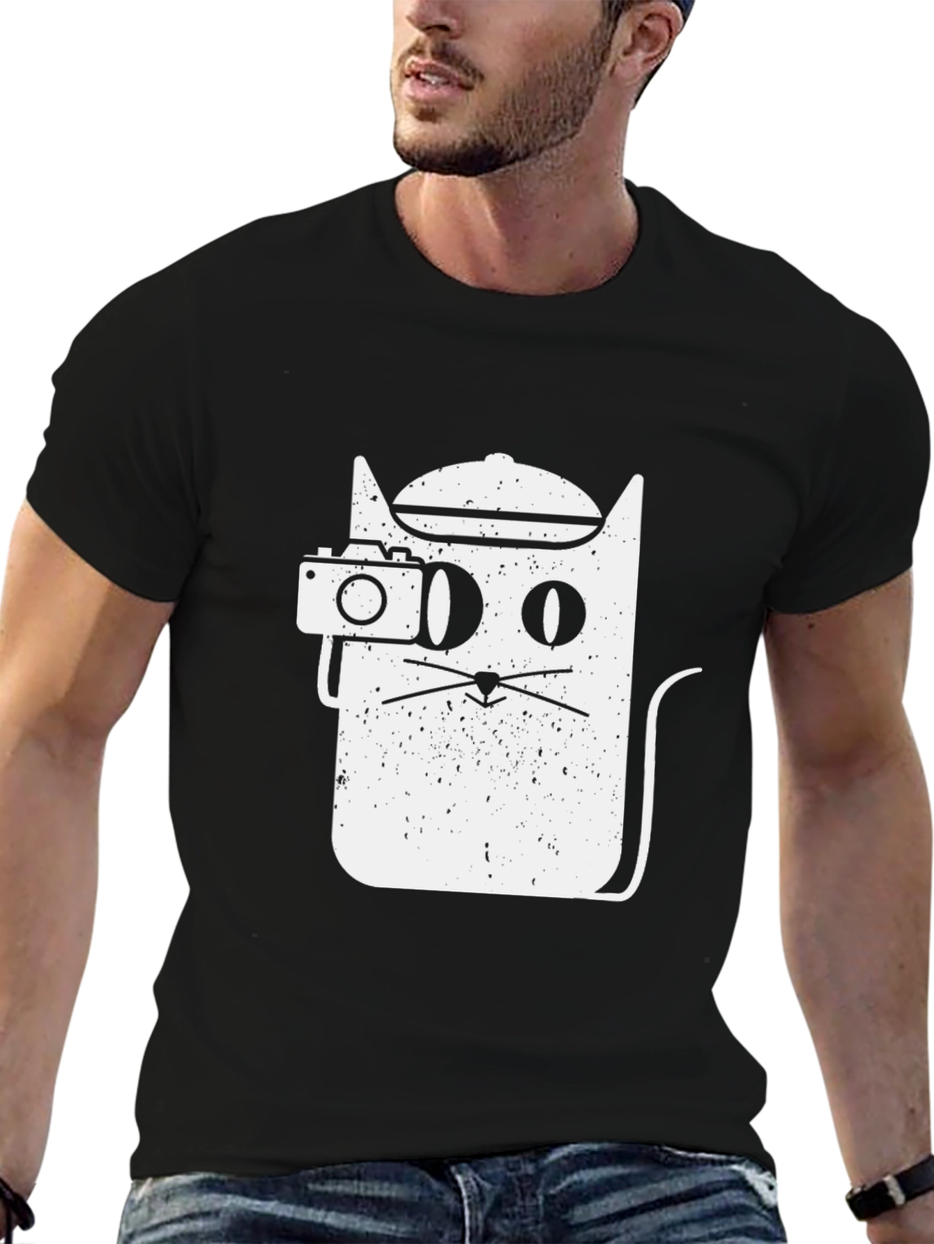 Black Cool Cat Photographer Graphic Tee - Unisex Black T-Shirt view 6