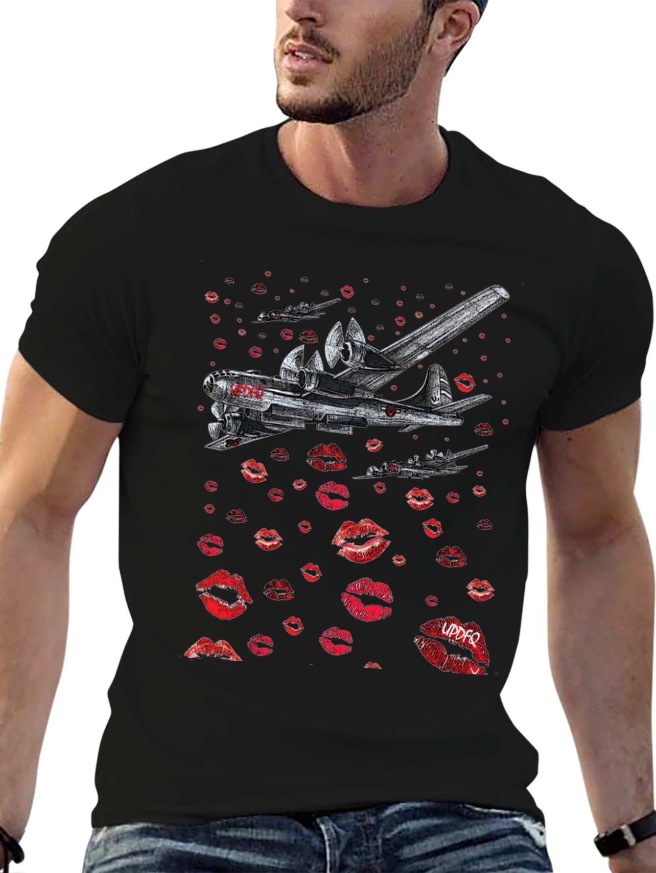 Black Bomber Plane Lips Print Graphic Tee - Unique Design view 6