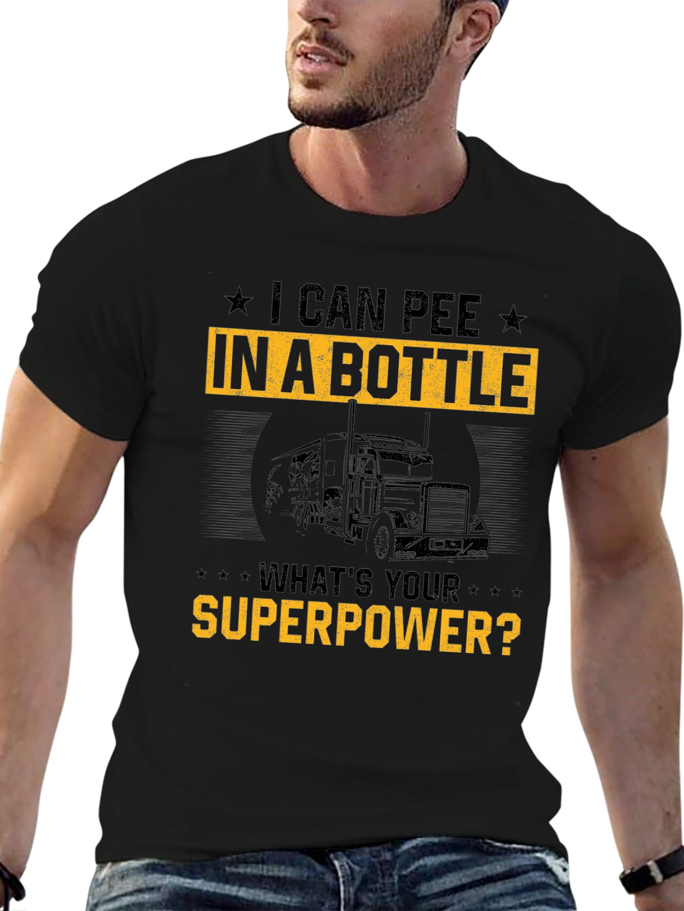 Black I Can Pee In A Bottle Funny Trucker T-Shirt view 6
