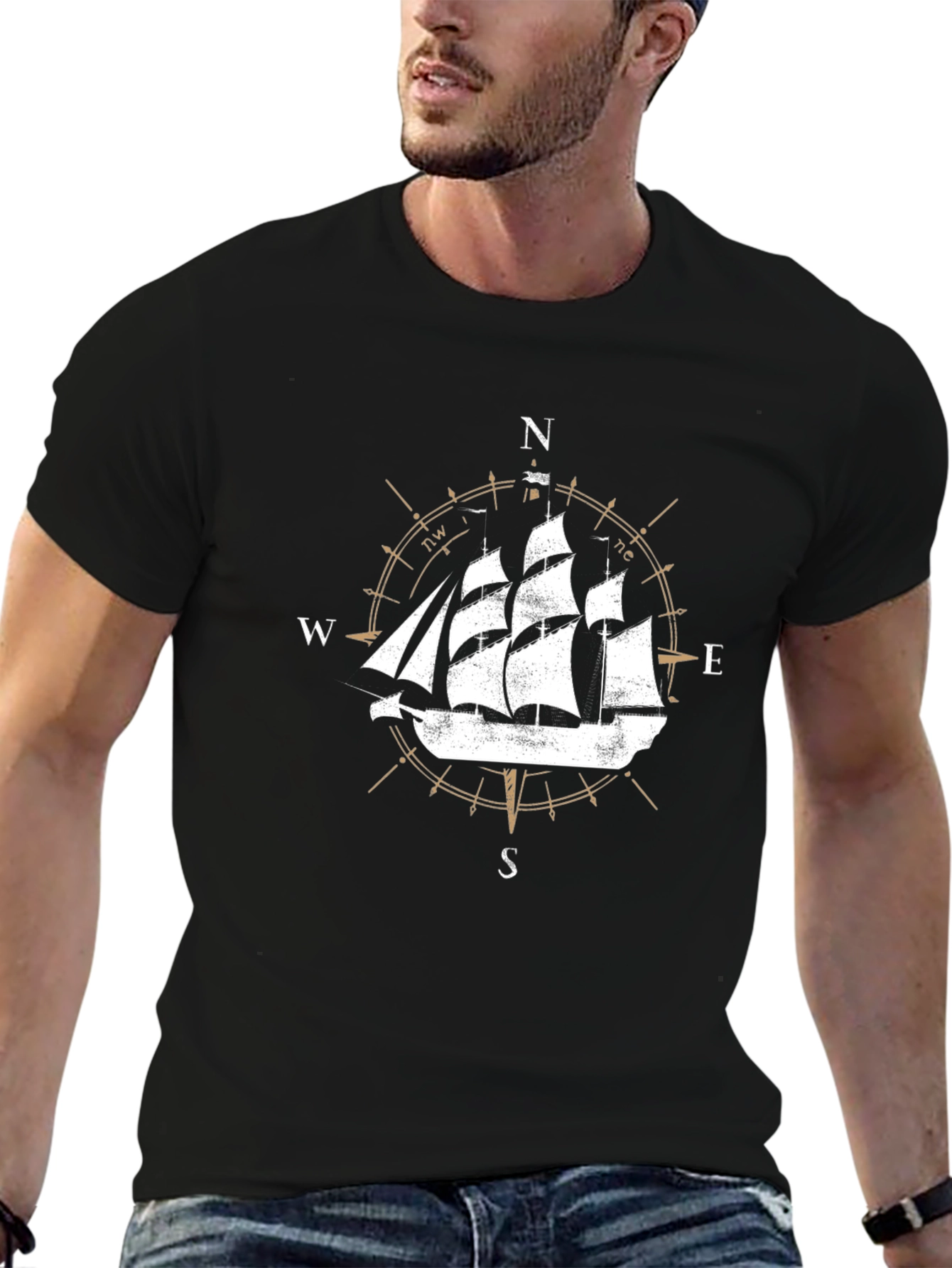Black Nautical Compass Ship Graphic Tee view 6