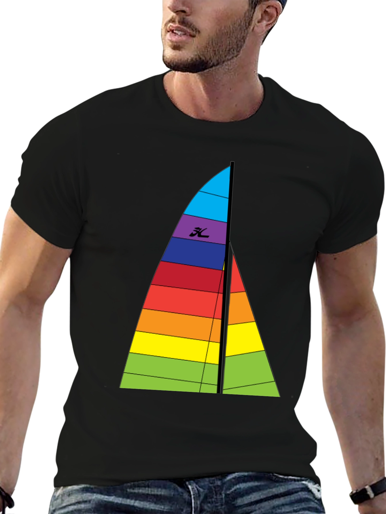 Black Rainbow Sailboat Graphic Tee - Black Cotton T-Shirt view 6