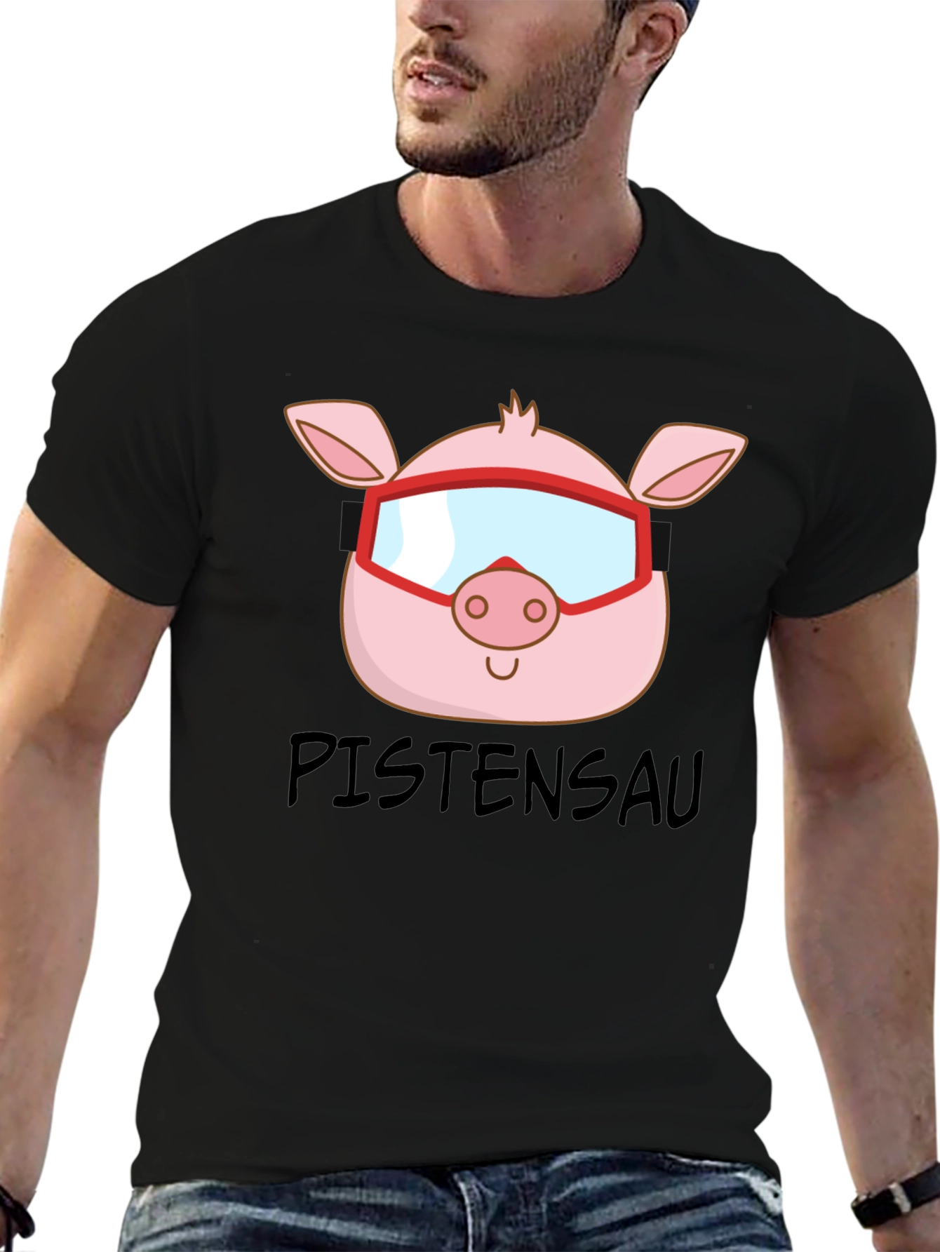 Black Ski Pig T-Shirt - PISTENSAU Funny Skiing Design view 6